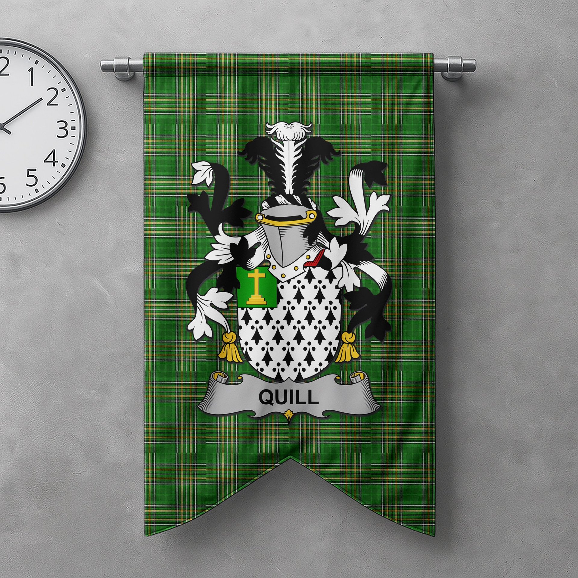 ScotsTee Shop Irish Quill Clan Coat of Arms Irish Tartan Gonfalon Flag