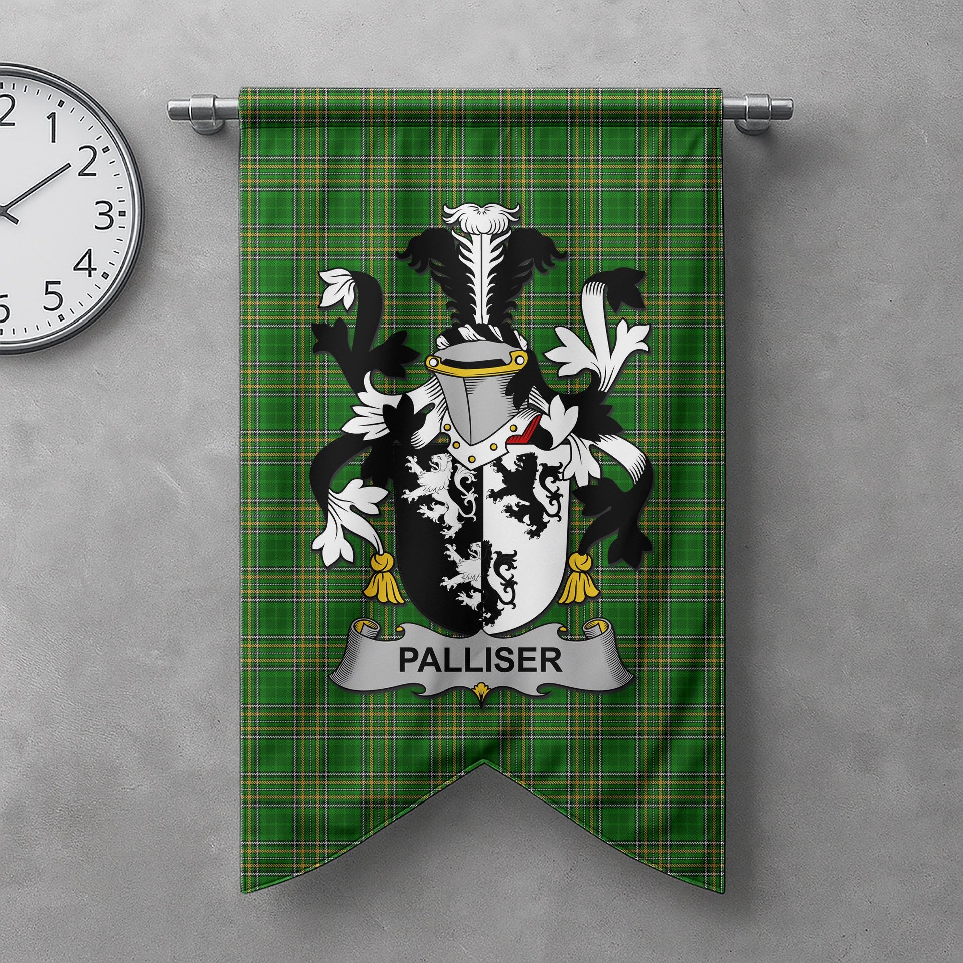 ScotsTee Shop Irish Palliser Clan Coat of Arms Irish Tartan Gonfalon Flag