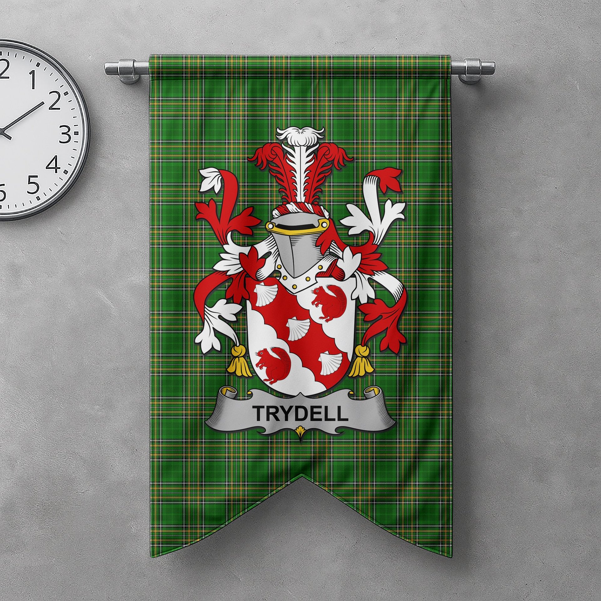 ScotsTee Shop Irish Trydell Clan Coat of Arms Irish Tartan Gonfalon Flag