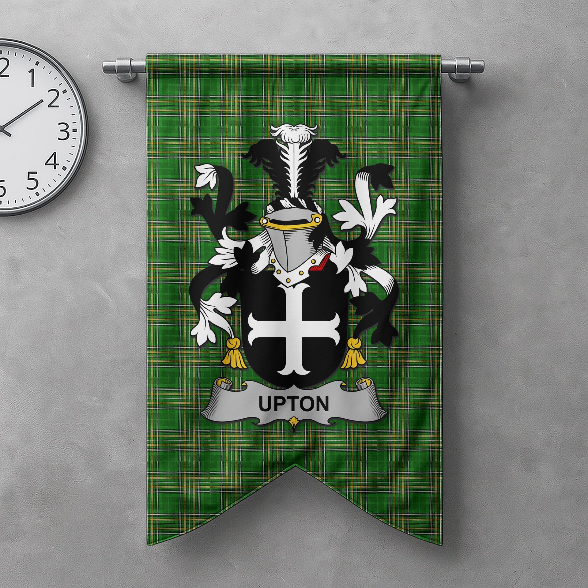 ScotsTee Shop Irish Upton Clan Coat of Arms Irish Tartan Gonfalon Flag