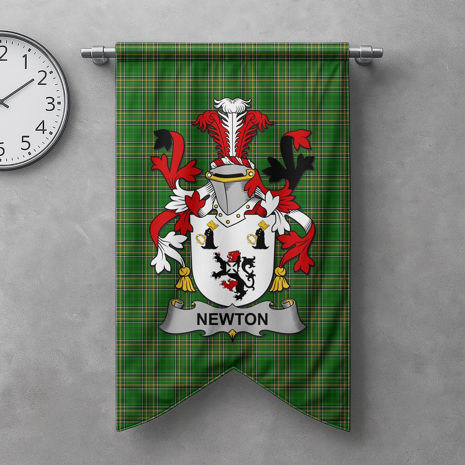 ScotsTee Shop Irish Newton Clan Coat of Arms Irish Tartan Gonfalon Flag