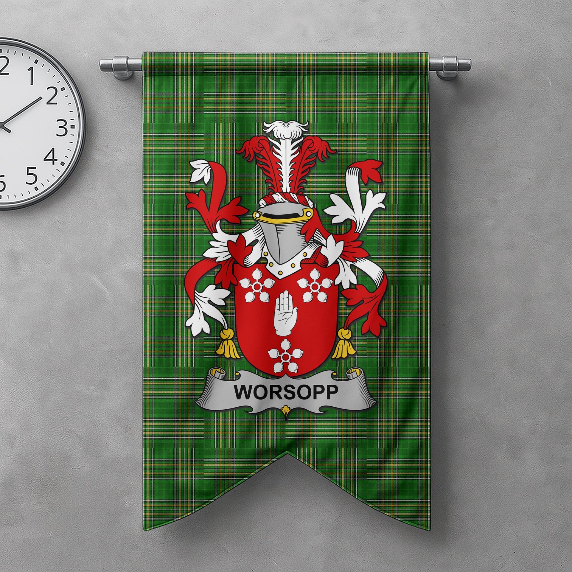 ScotsTee Shop Irish Worsopp Clan Coat of Arms Irish Tartan Gonfalon Flag
