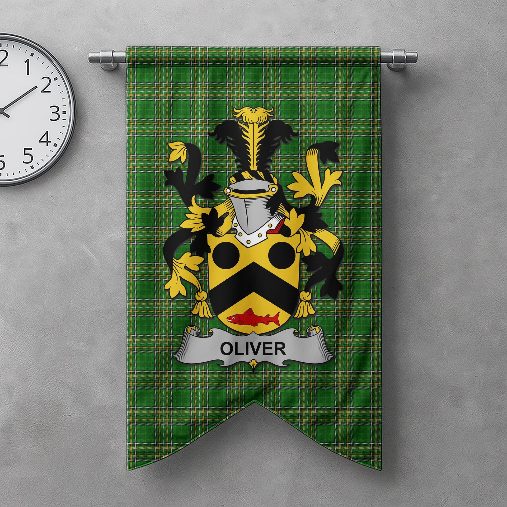 ScotsTee Shop Irish Oliver Clan Coat of Arms Irish Tartan Gonfalon Flag