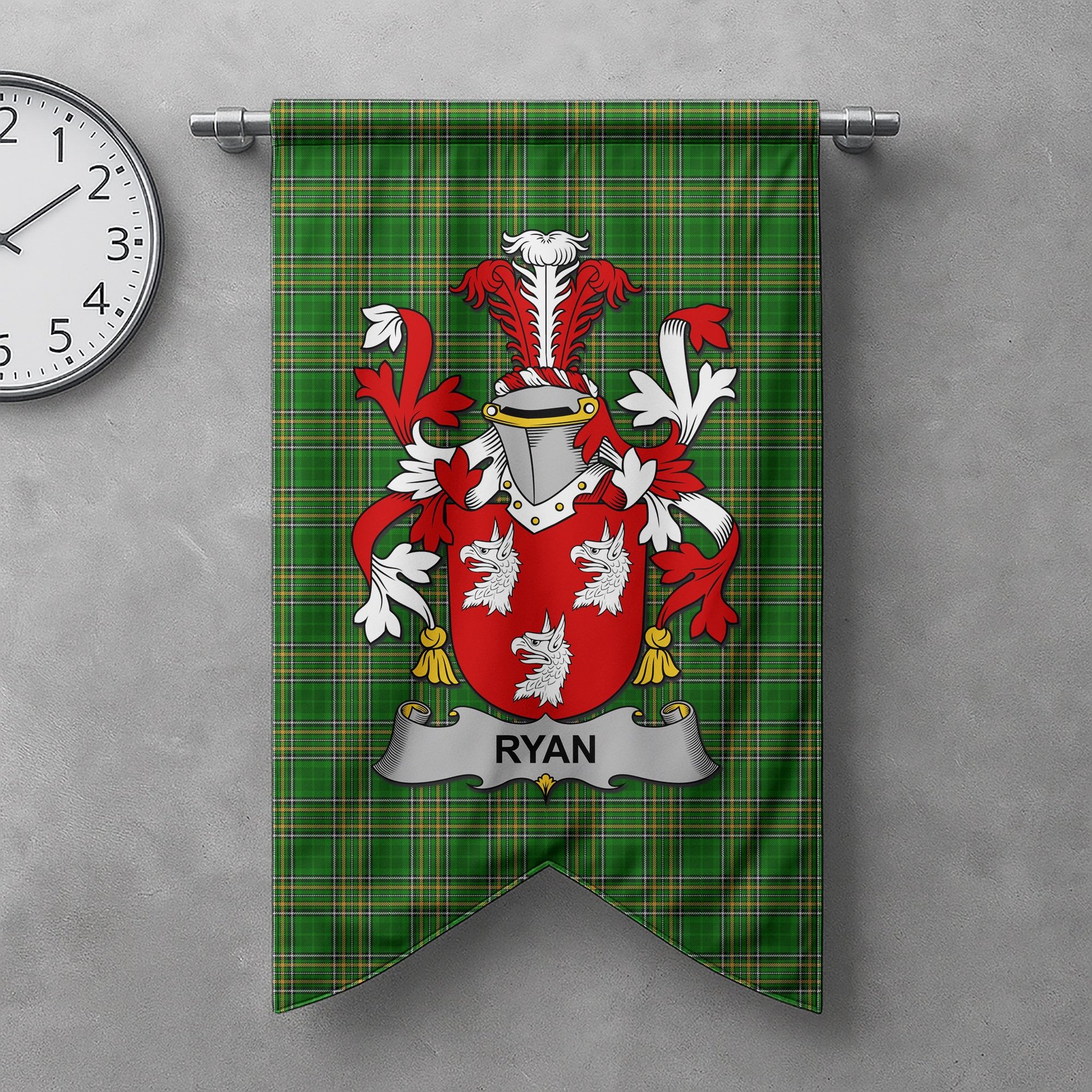 ScotsTee Shop Irish Ryan or O'Mulrian Clan Coat of Arms Irish Tartan Gonfalon Flag