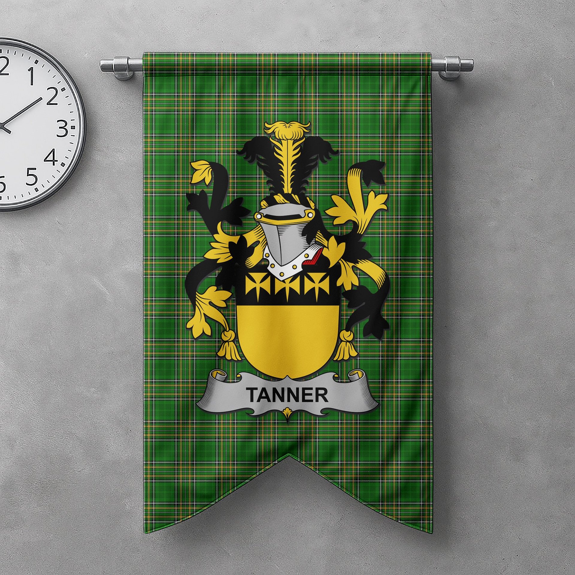 ScotsTee Shop Irish Tanner Clan Coat of Arms Irish Tartan Gonfalon Flag