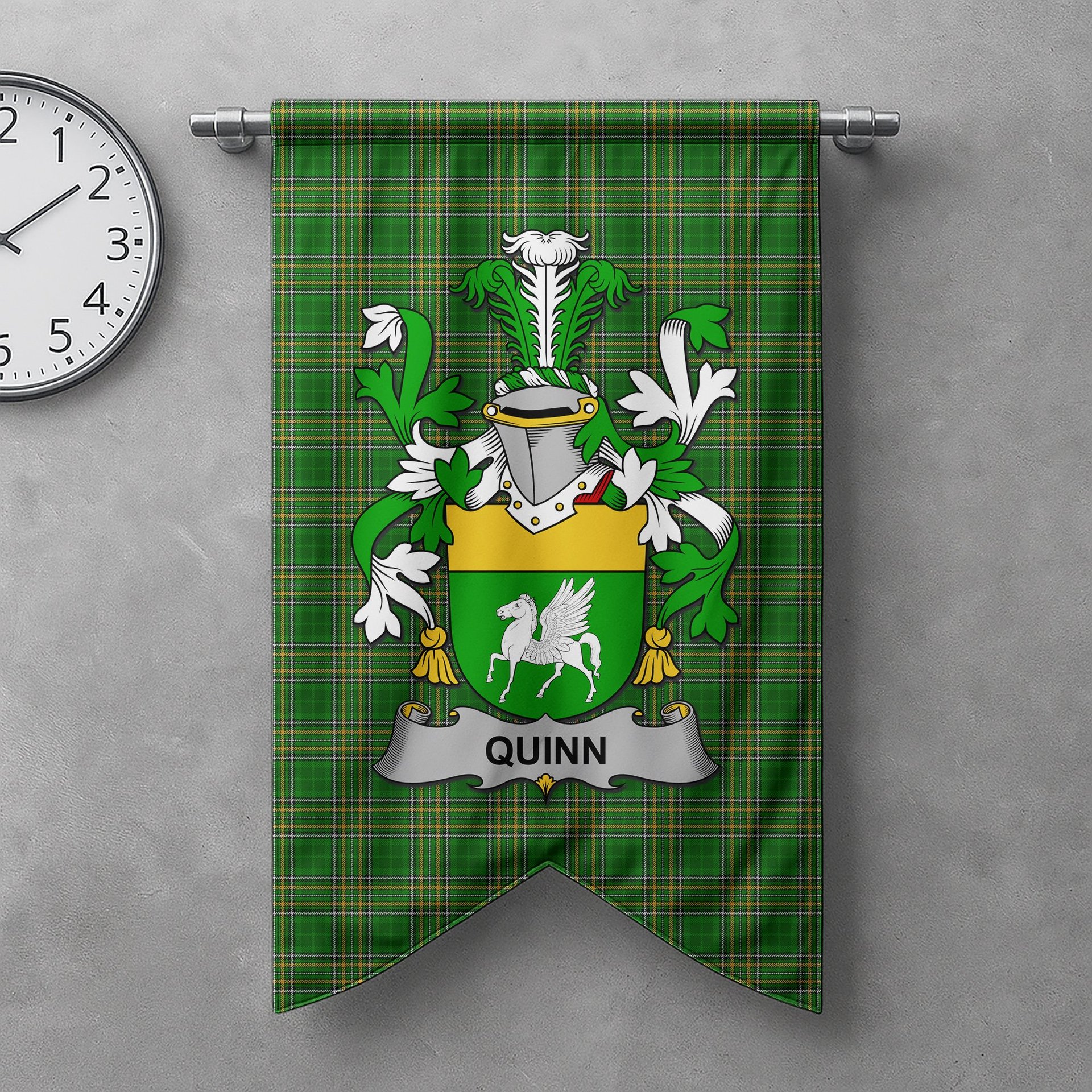 ScotsTee Shop Irish Quinn or O'Quin Clan Coat of Arms Irish Tartan Gonfalon Flag