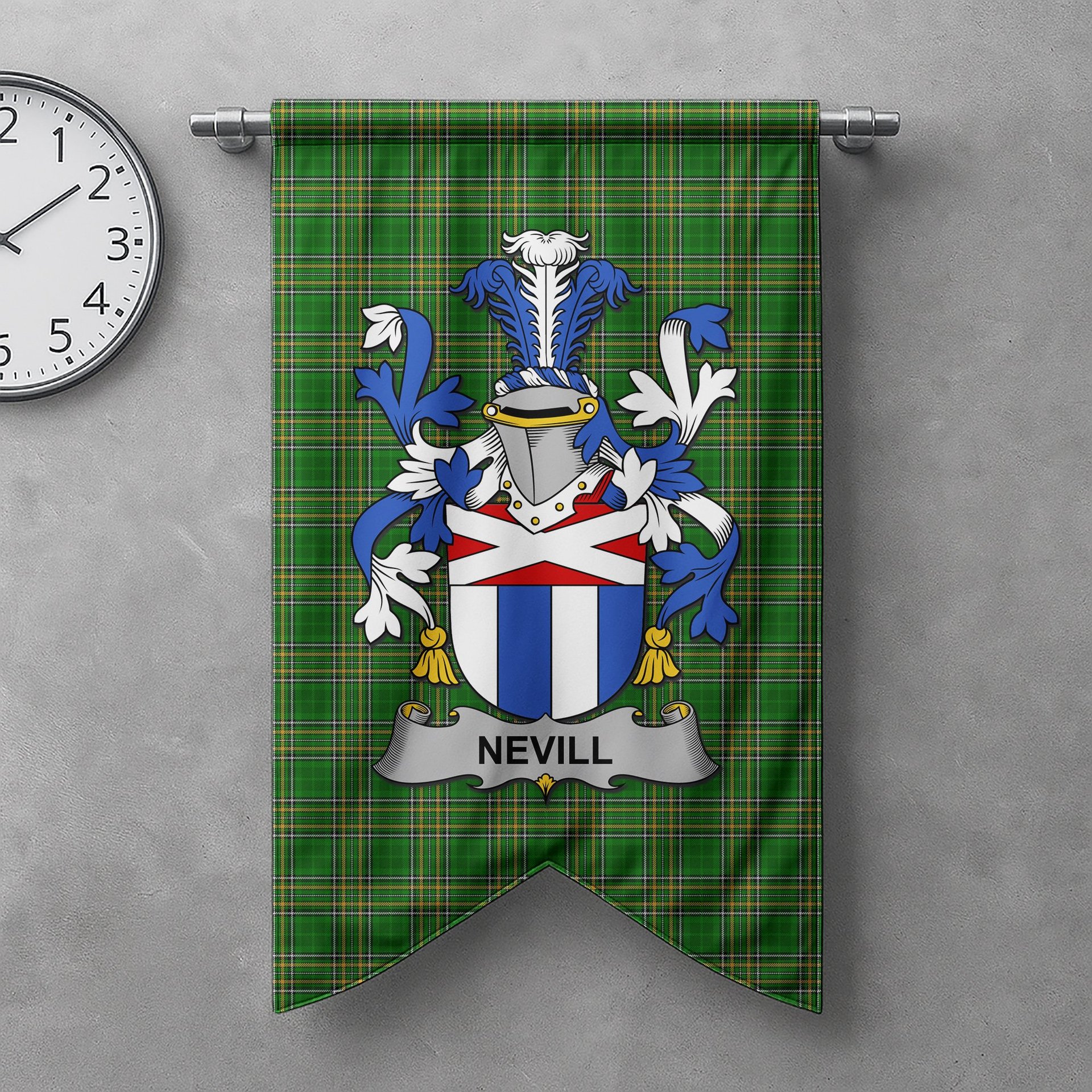 ScotsTee Shop Irish Nevill or Neville Clan Coat of Arms Irish Tartan Gonfalon Flag