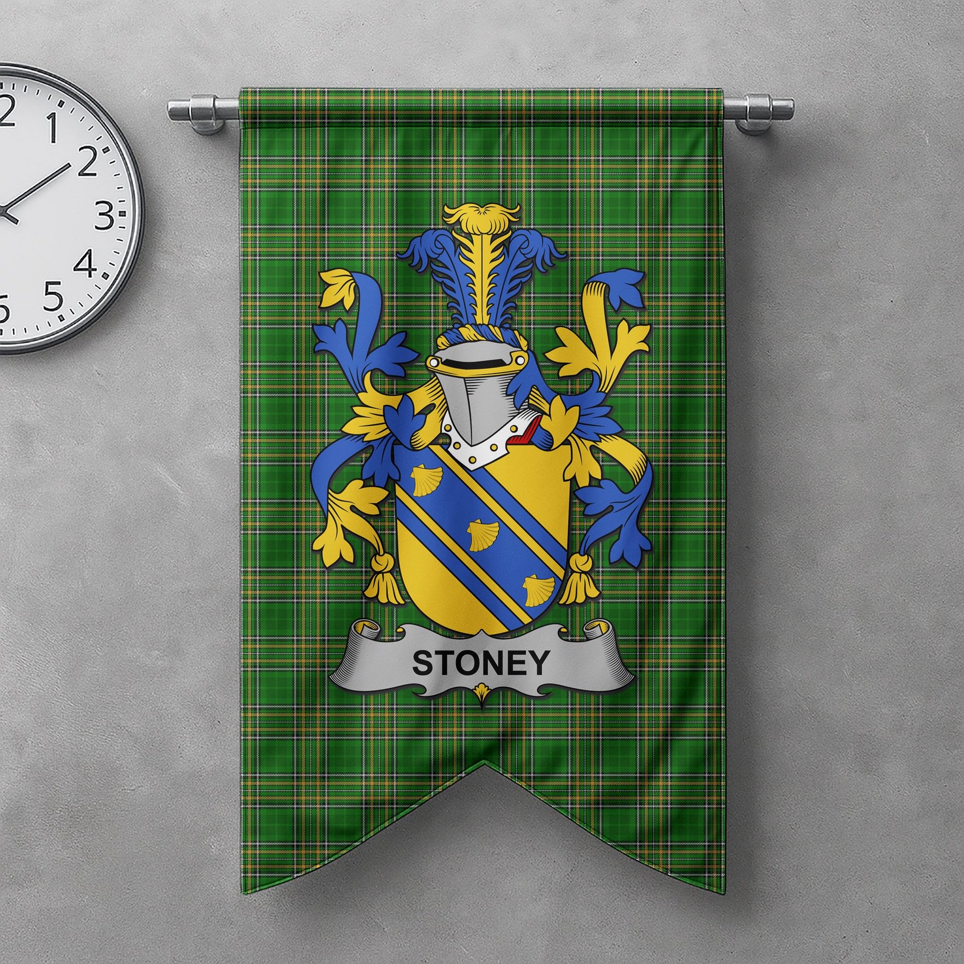 ScotsTee Shop Irish Stoney Clan Coat of Arms Irish Tartan Gonfalon Flag