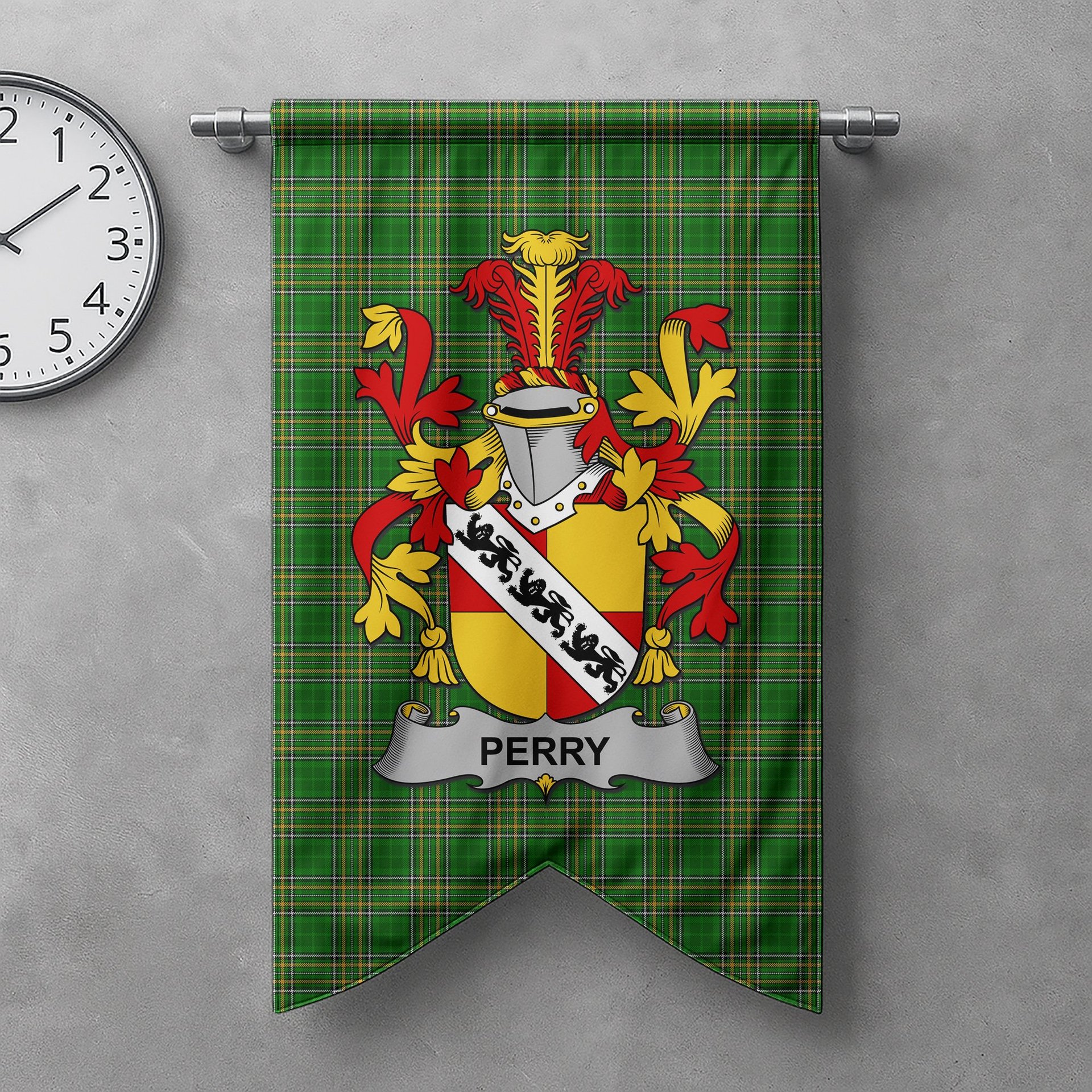 ScotsTee Shop Irish Perry Clan Coat of Arms Irish Tartan Gonfalon Flag