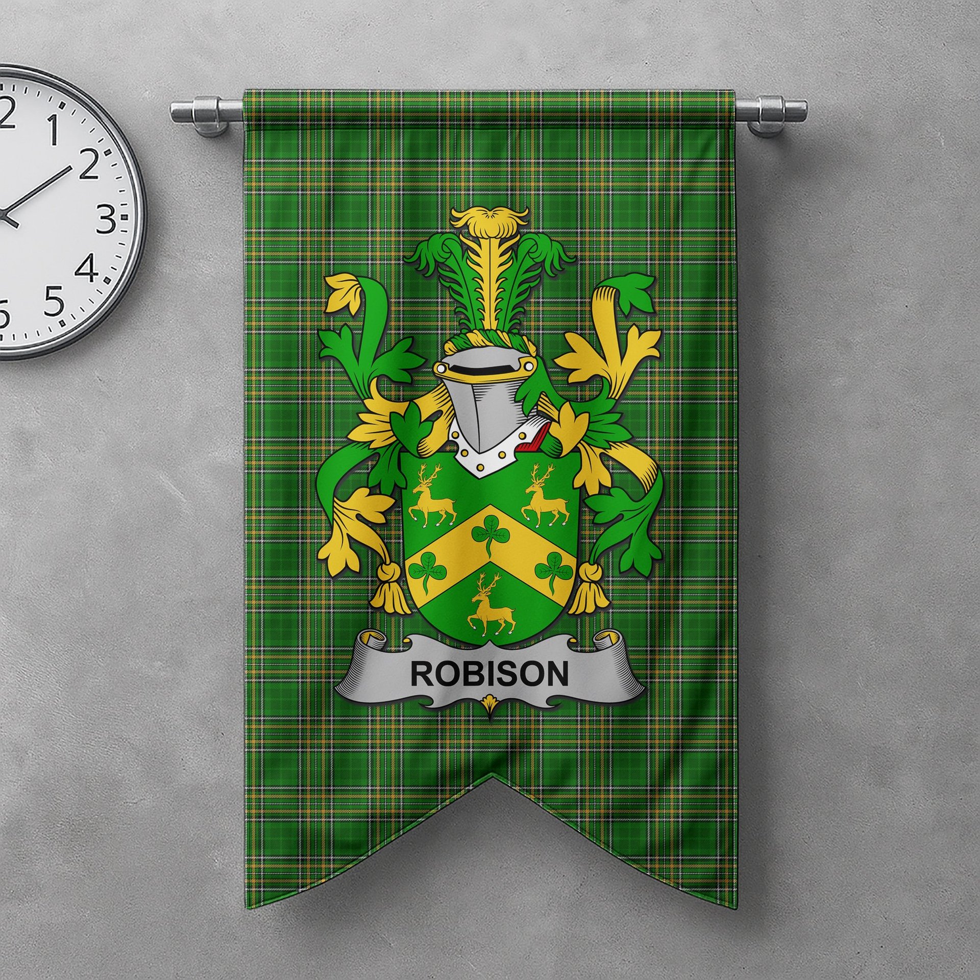 ScotsTee Shop Irish Robison or Robinson Clan Coat of Arms Irish Tartan Gonfalon Flag