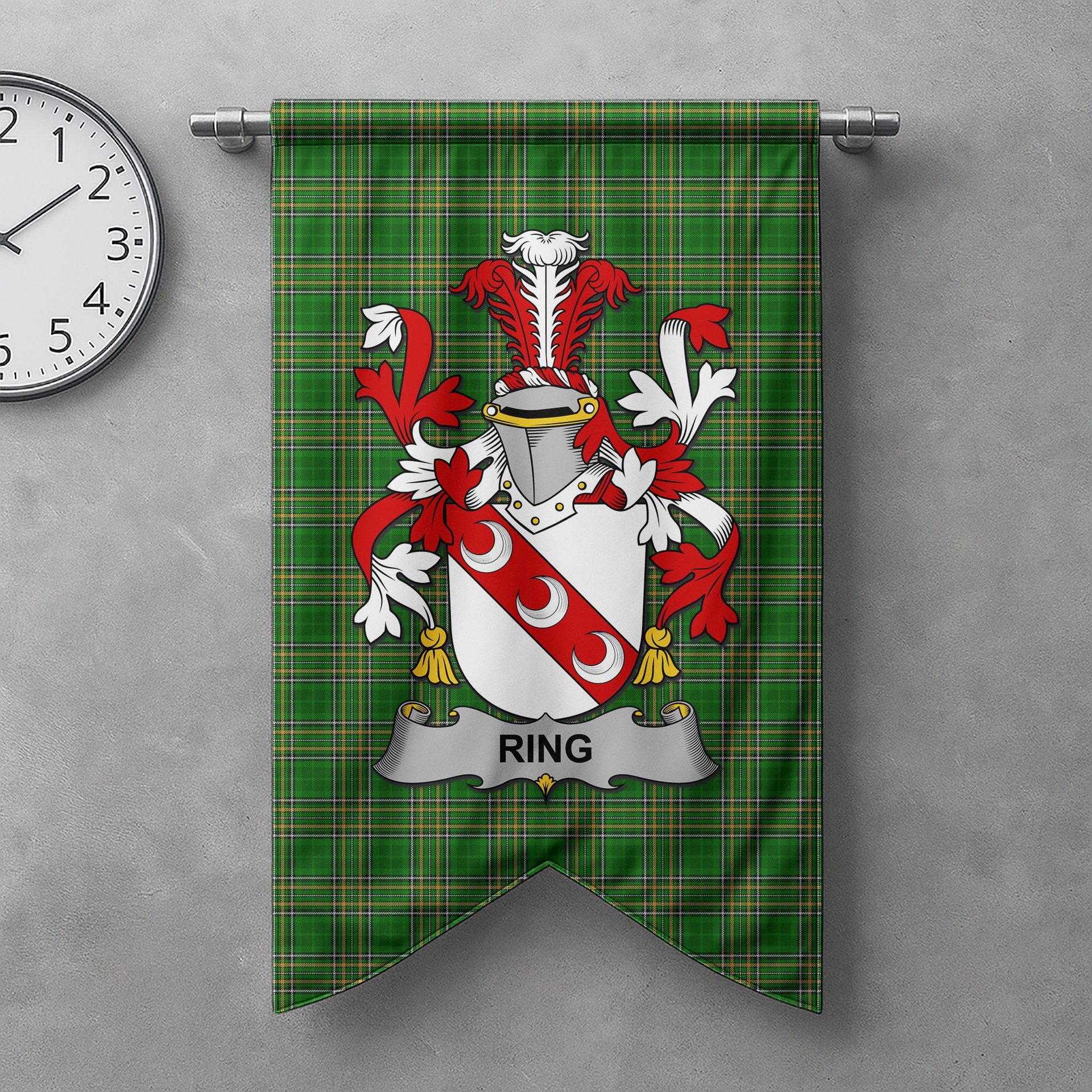 ScotsTee Shop Irish Ring or O'Ring Clan Coat of Arms Irish Tartan Gonfalon Flag
