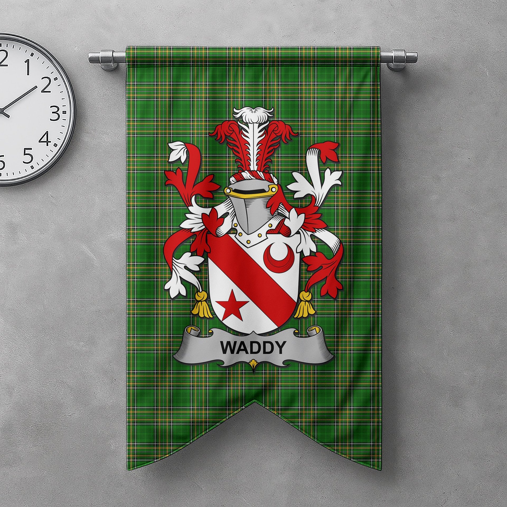 ScotsTee Shop Irish Waddy Clan Coat of Arms Irish Tartan Gonfalon Flag