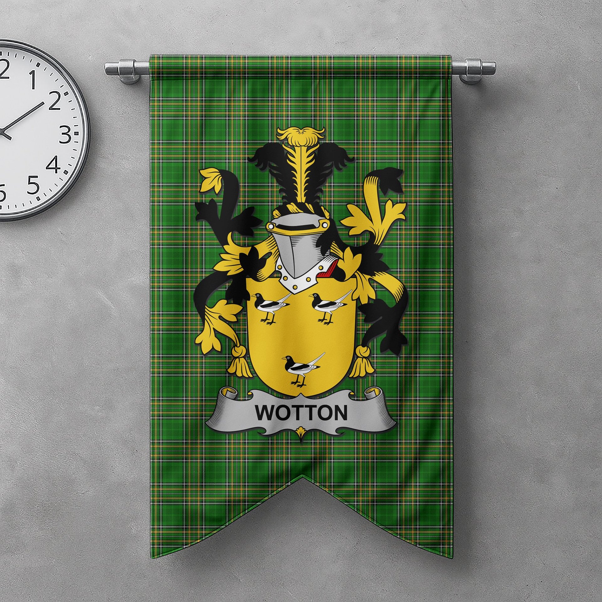 ScotsTee Shop Irish Wotton Clan Coat of Arms Irish Tartan Gonfalon Flag