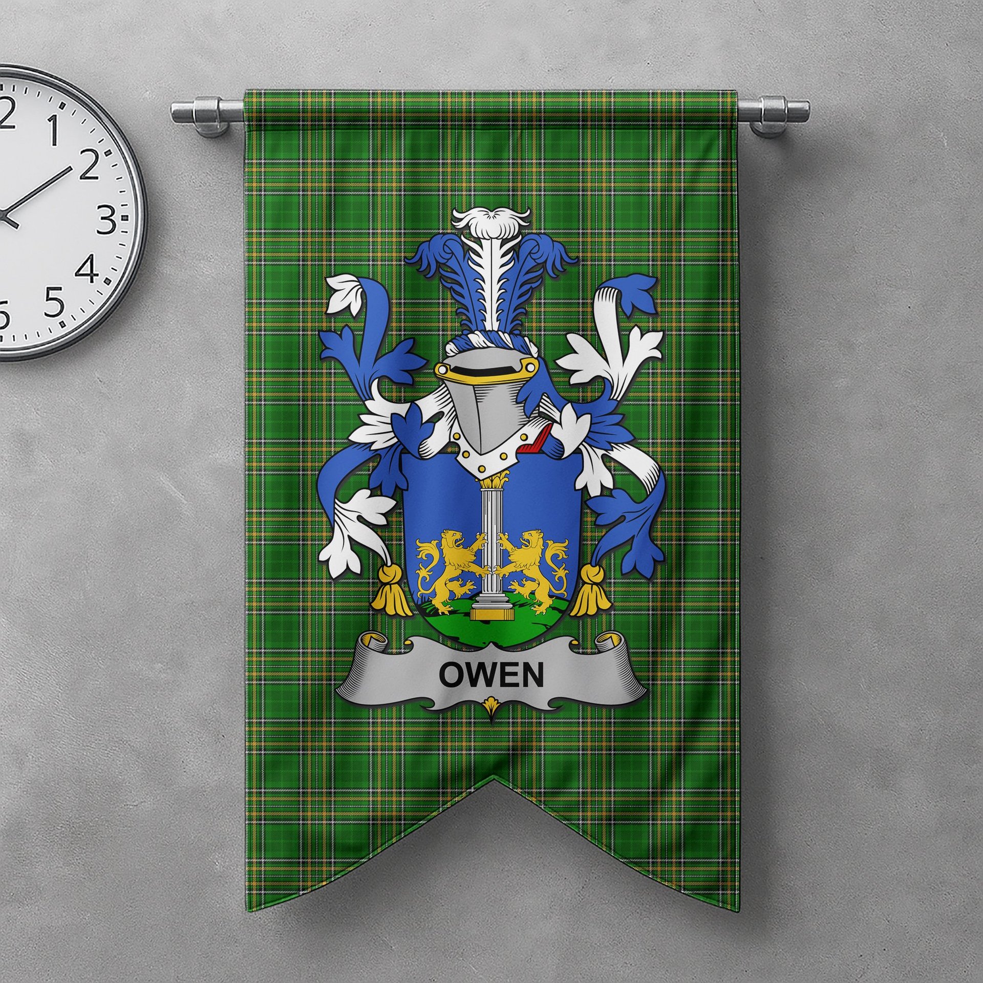 ScotsTee Shop Irish Owen Clan Coat of Arms Irish Tartan Gonfalon Flag