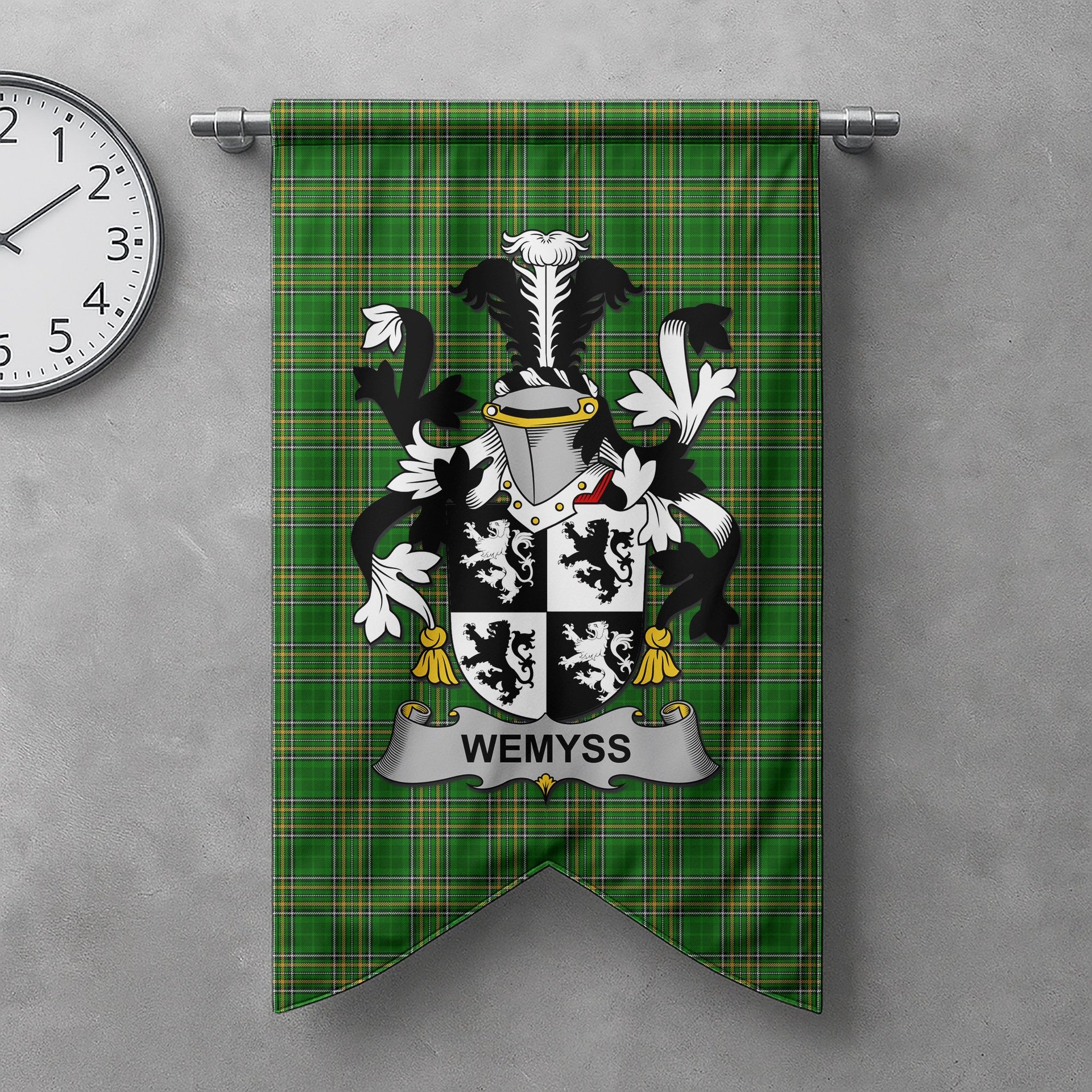 ScotsTee Shop Irish Wemyss Clan Coat of Arms Irish Tartan Gonfalon Flag