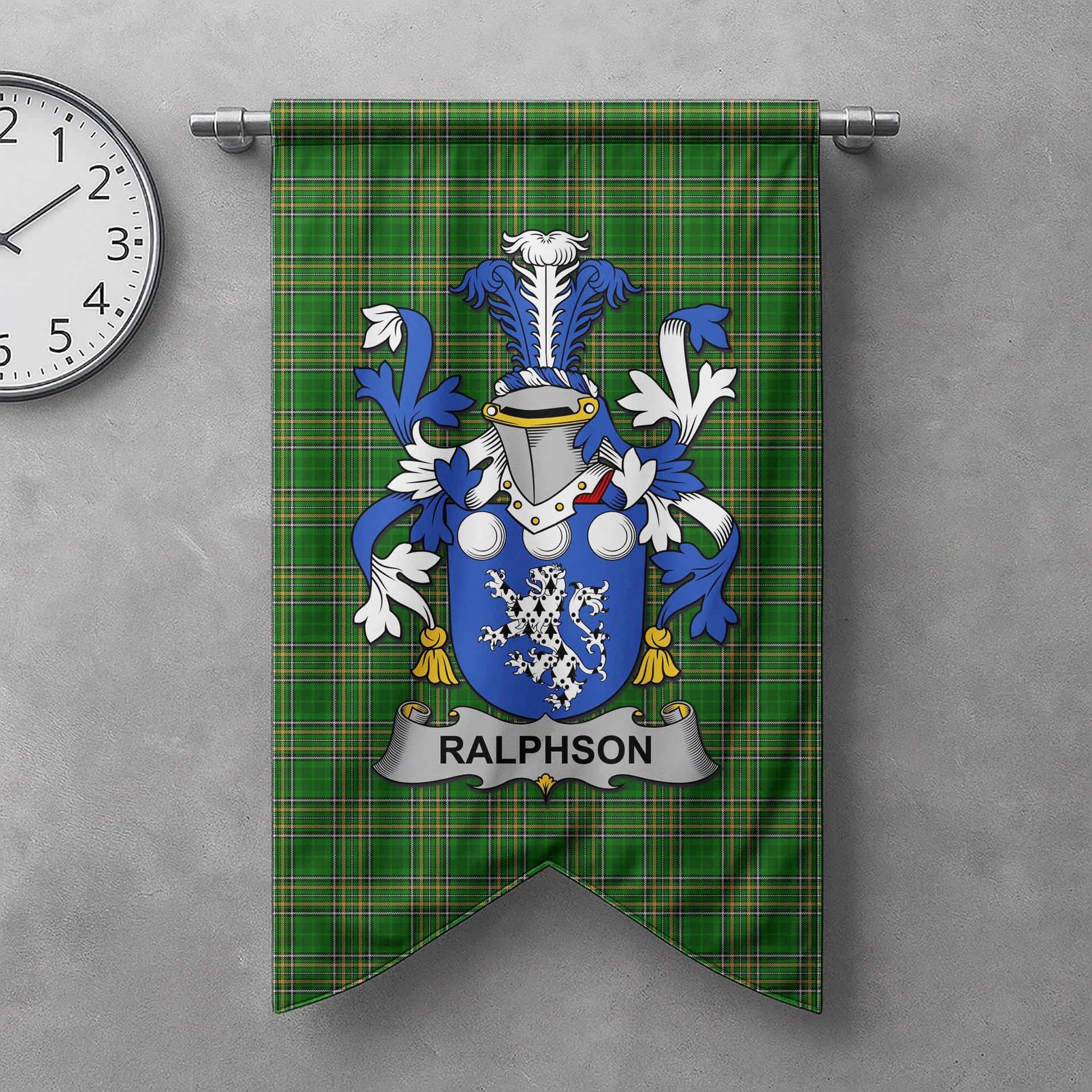 ScotsTee Shop Irish Ralphson Clan Coat of Arms Irish Tartan Gonfalon Flag