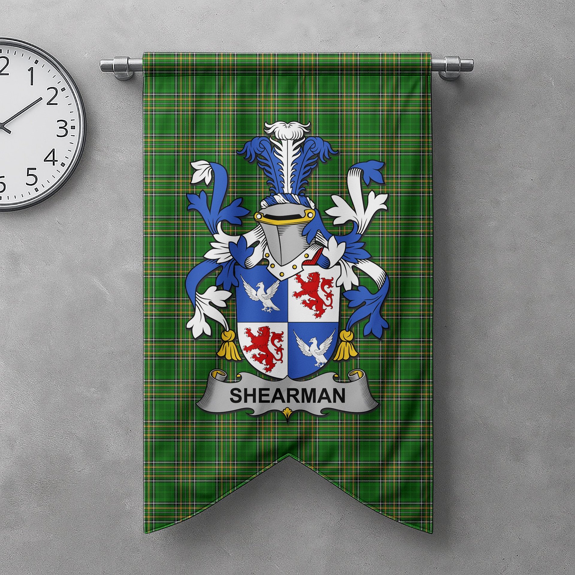 ScotsTee Shop Irish Shearman Clan Coat of Arms Irish Tartan Gonfalon Flag