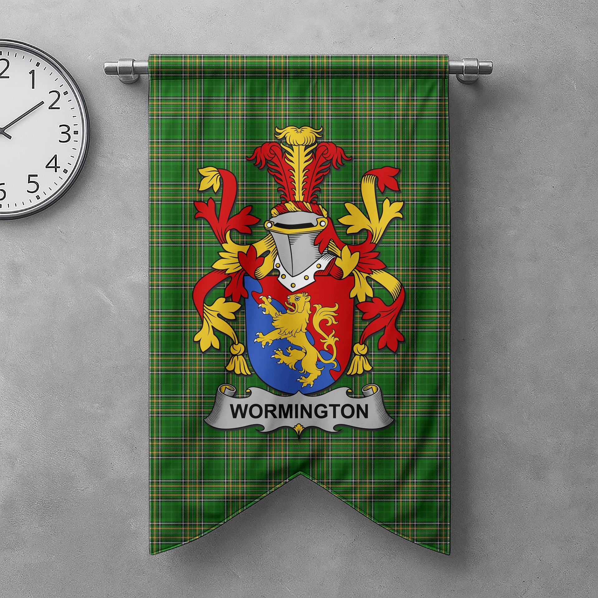 ScotsTee Shop Irish Wormington Clan Coat of Arms Irish Tartan Gonfalon Flag