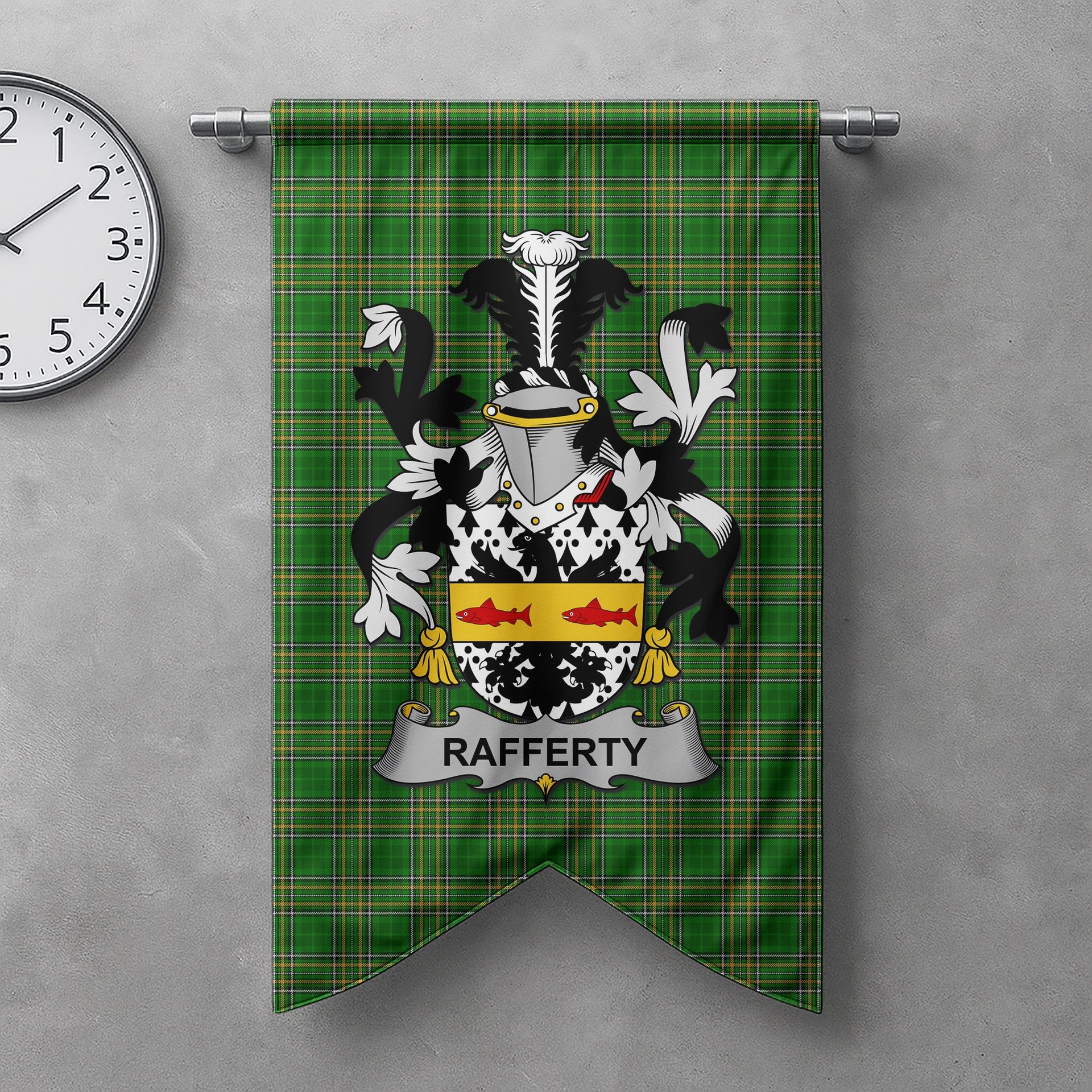 ScotsTee Shop Irish Rafferty or O'Rafferty Clan Coat of Arms Irish Tartan Gonfalon Flag