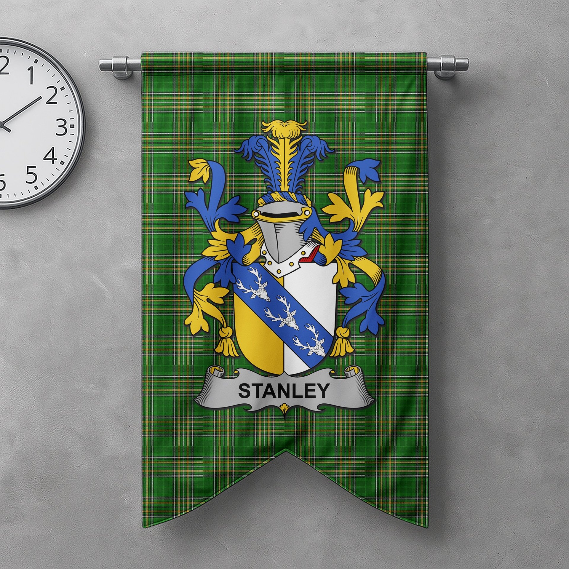 ScotsTee Shop Irish Stanley Clan Coat of Arms Irish Tartan Gonfalon Flag