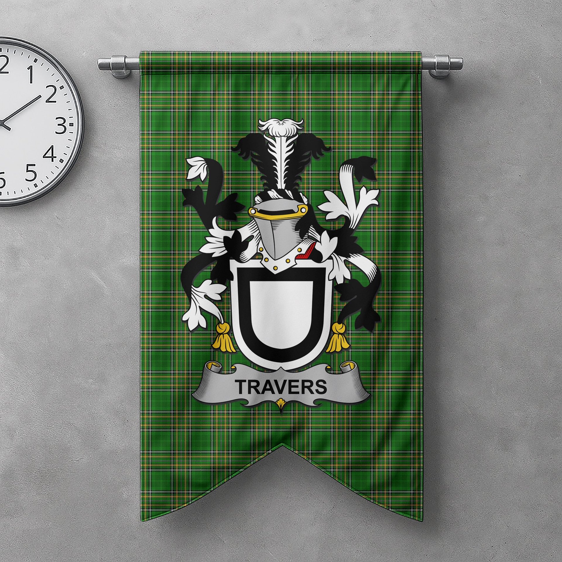 ScotsTee Shop Irish Travers Clan Coat of Arms Irish Tartan Gonfalon Flag