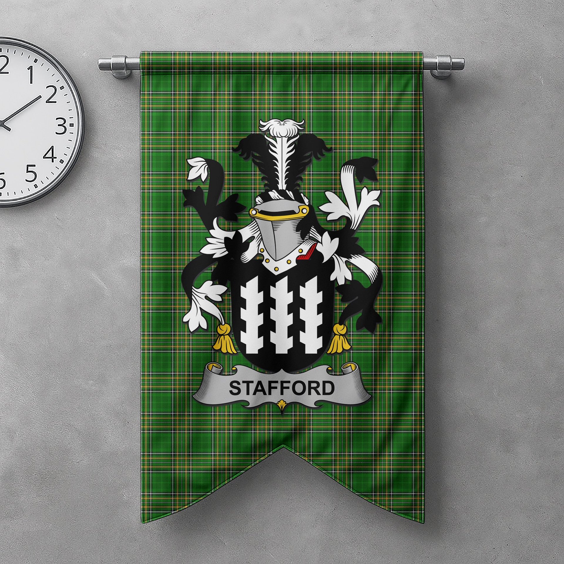 ScotsTee Shop Irish Stafford Clan Coat of Arms Irish Tartan Gonfalon Flag