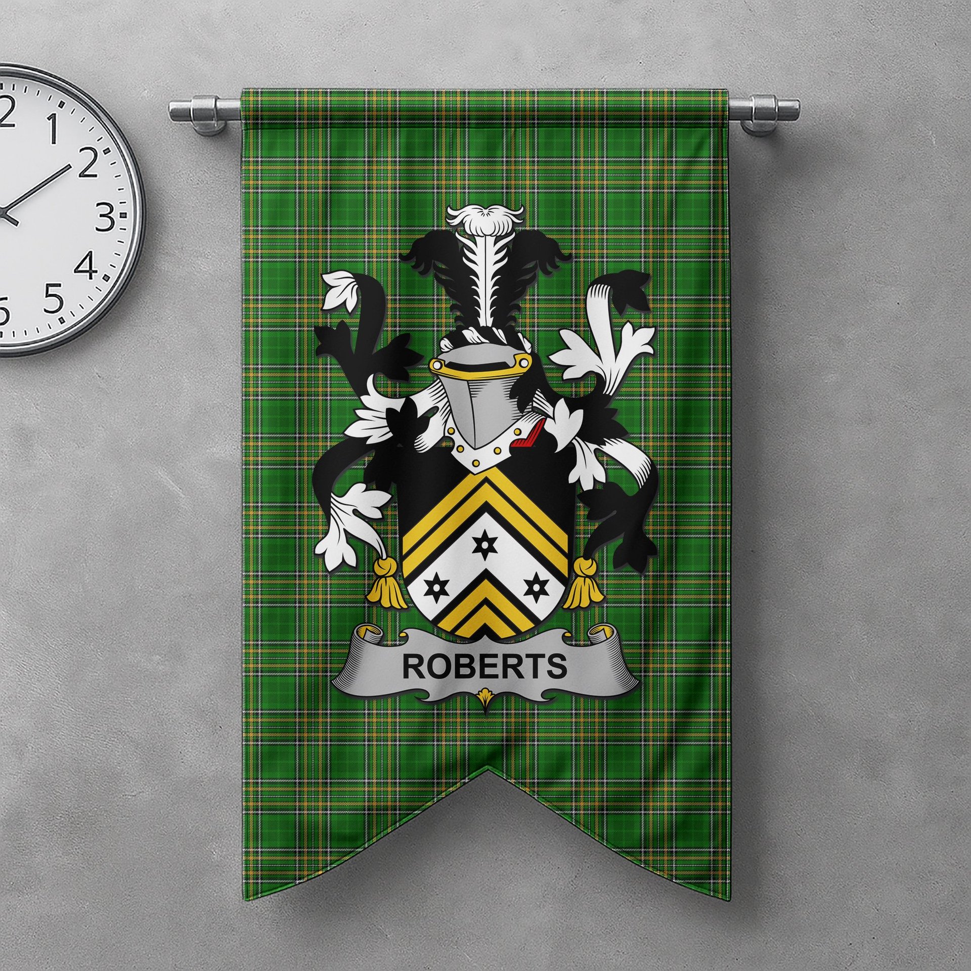 ScotsTee Shop Irish Roberts Clan Coat of Arms Irish Tartan Gonfalon Flag