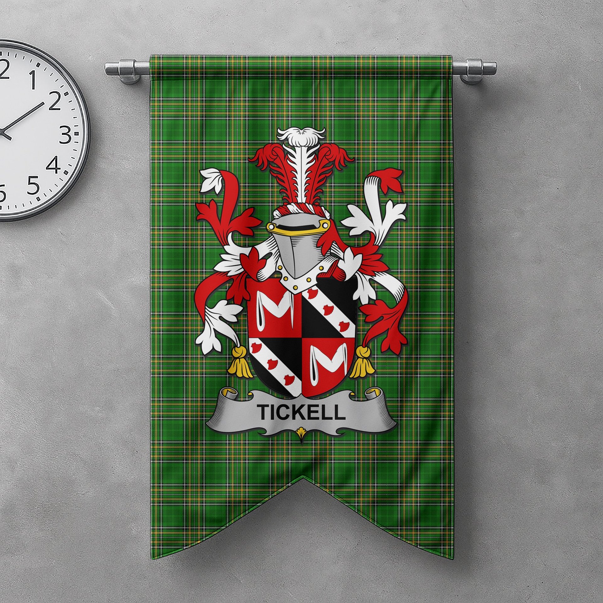 ScotsTee Shop Irish Tickell Clan Coat of Arms Irish Tartan Gonfalon Flag