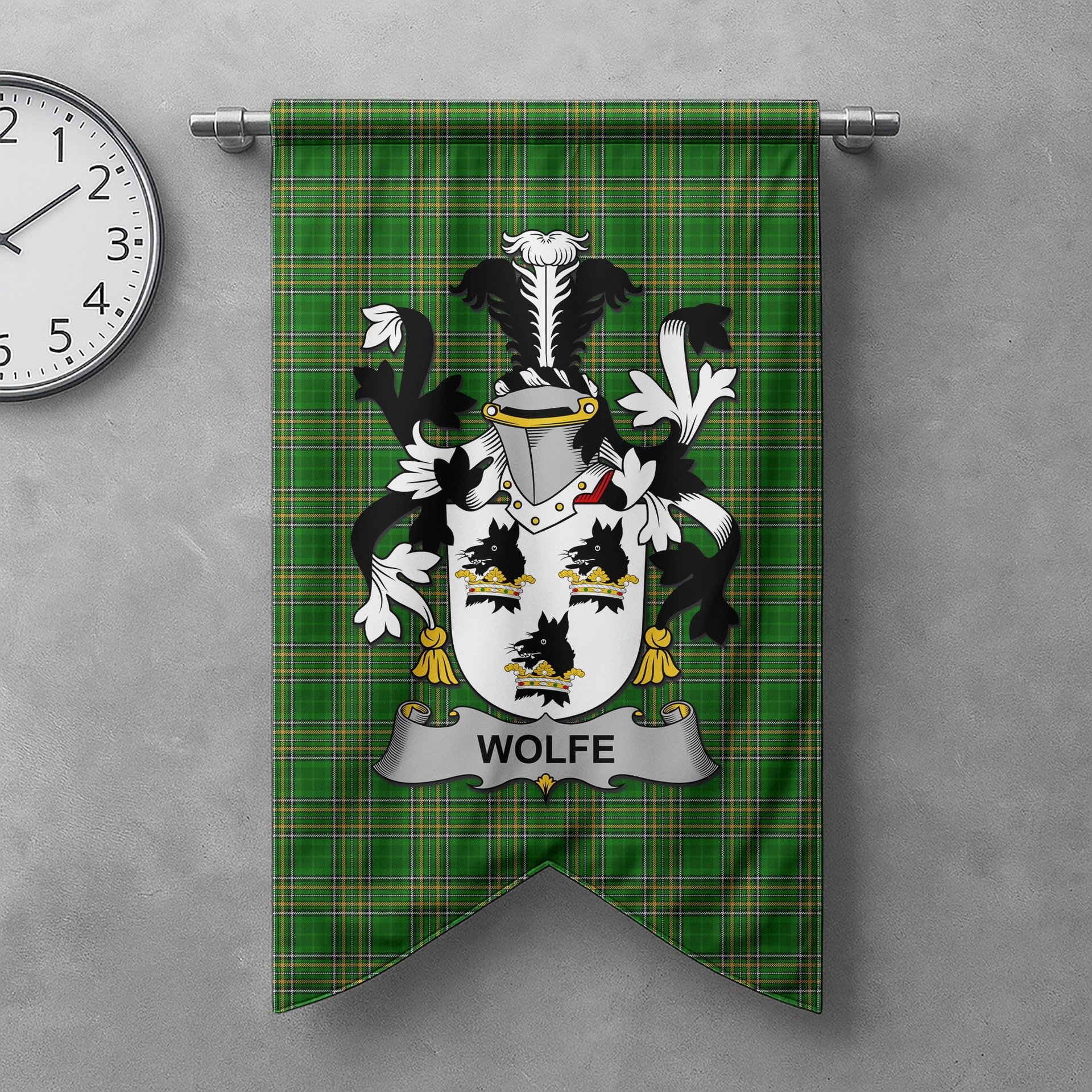 ScotsTee Shop Irish Wolfe Clan Coat of Arms Irish Tartan Gonfalon Flag