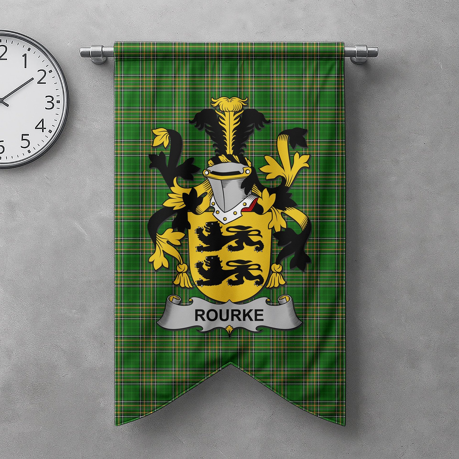 ScotsTee Shop Irish Rourke or O'Rourke Clan Coat of Arms Irish Tartan Gonfalon Flag