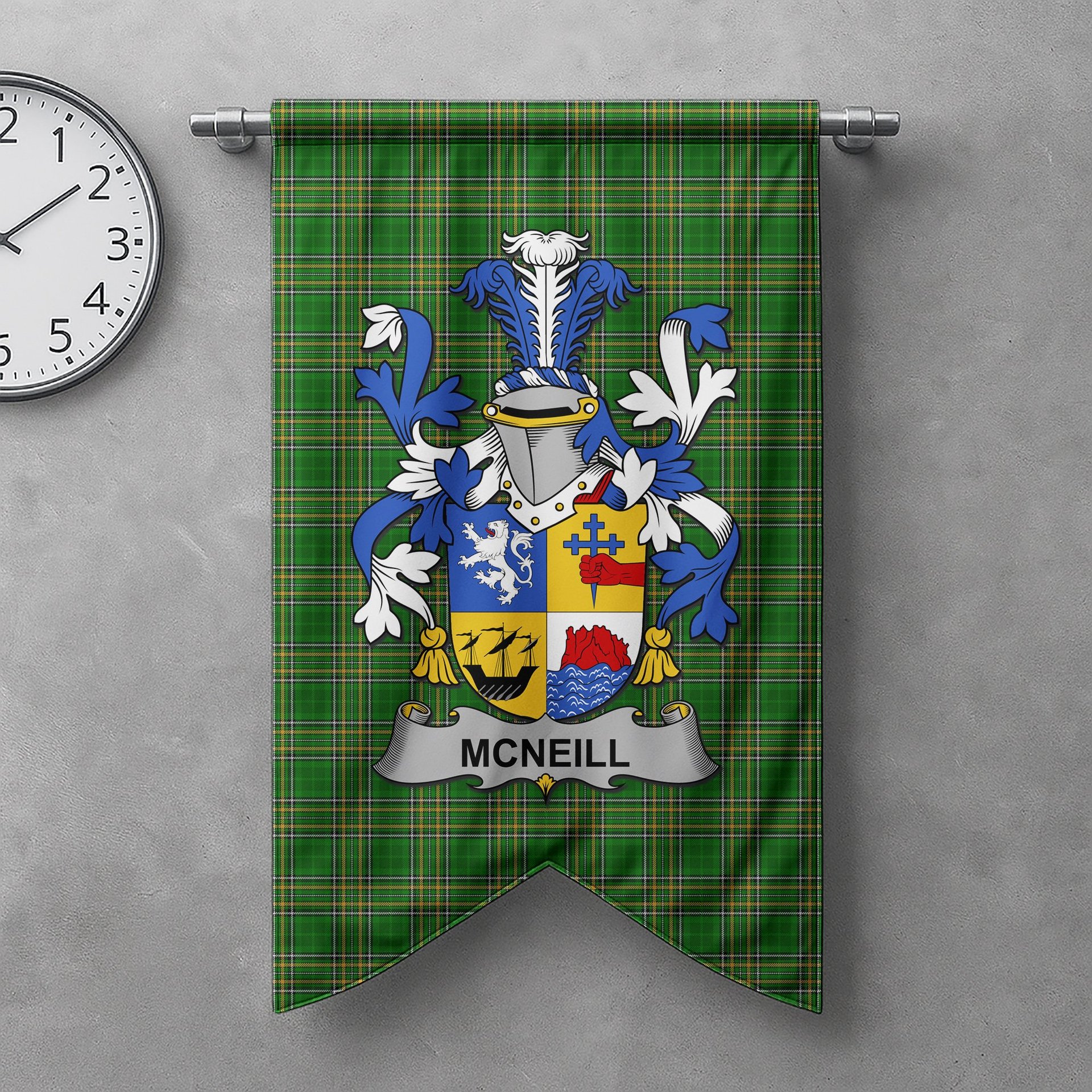 ScotsTee Shop Irish Neill or McNeill Clan Coat of Arms Irish Tartan Gonfalon Flag