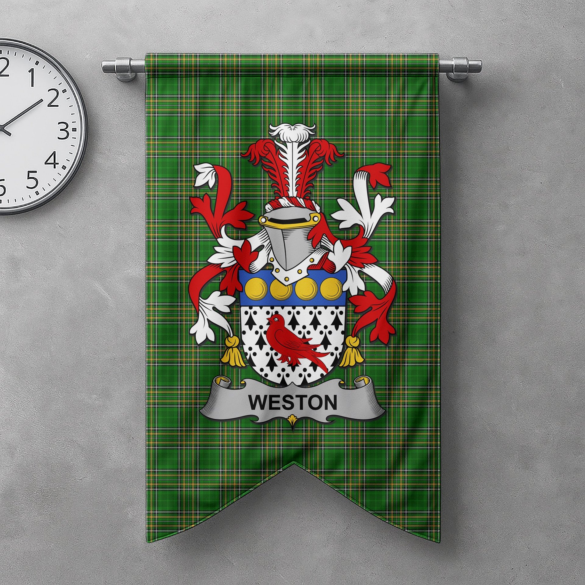 ScotsTee Shop Irish Weston Clan Coat of Arms Irish Tartan Gonfalon Flag