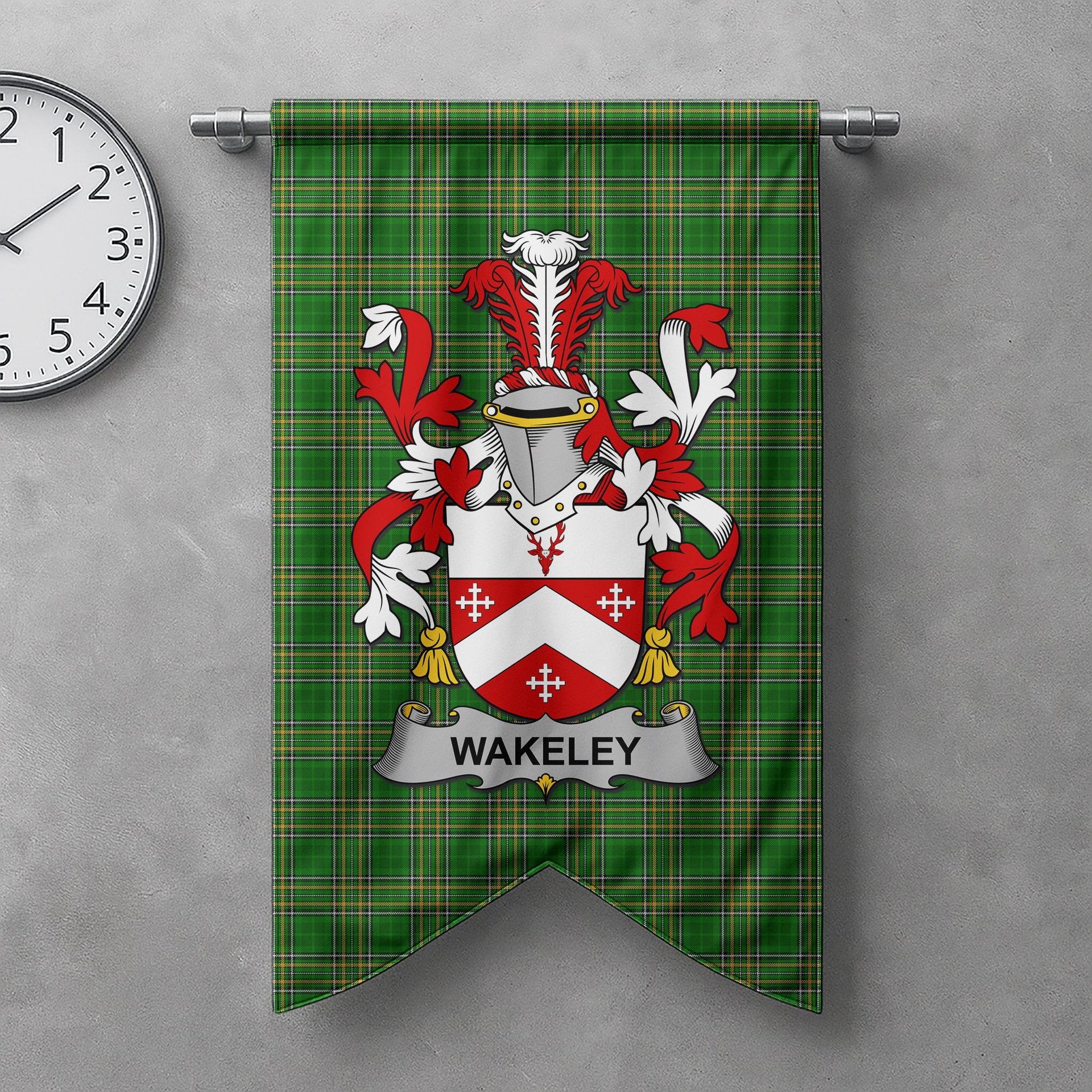 ScotsTee Shop Irish Wakeley Clan Coat of Arms Irish Tartan Gonfalon Flag