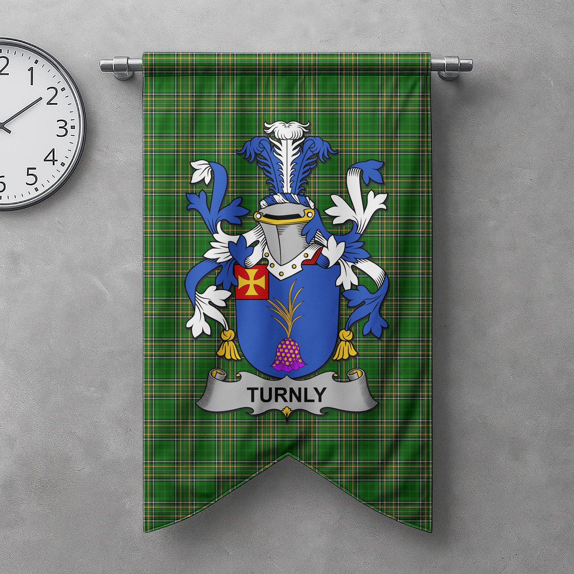 ScotsTee Shop Irish Turnly or Turnley Clan Coat of Arms Irish Tartan Gonfalon Flag