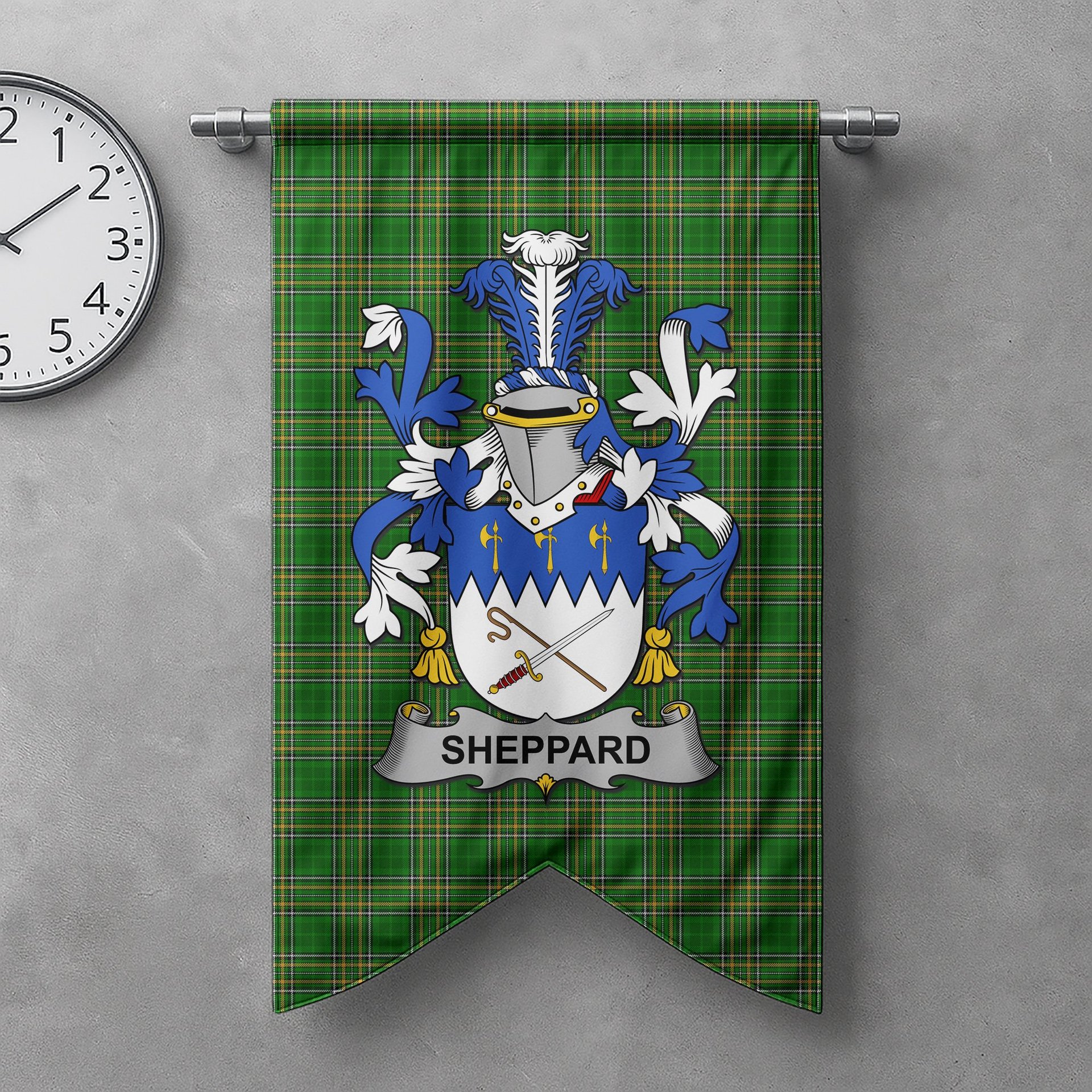 ScotsTee Shop Irish Sheppard Clan Coat of Arms Irish Tartan Gonfalon Flag