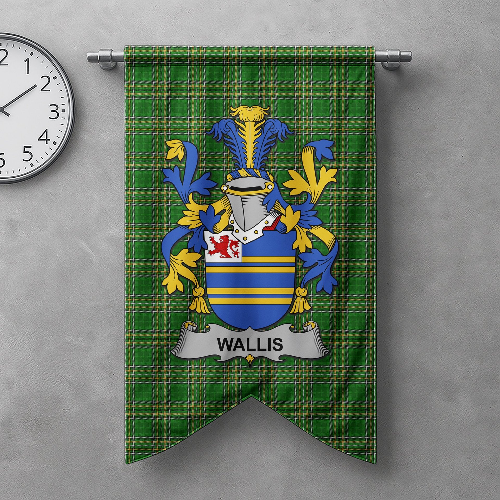 ScotsTee Shop Irish Wallis Clan Coat of Arms Irish Tartan Gonfalon Flag
