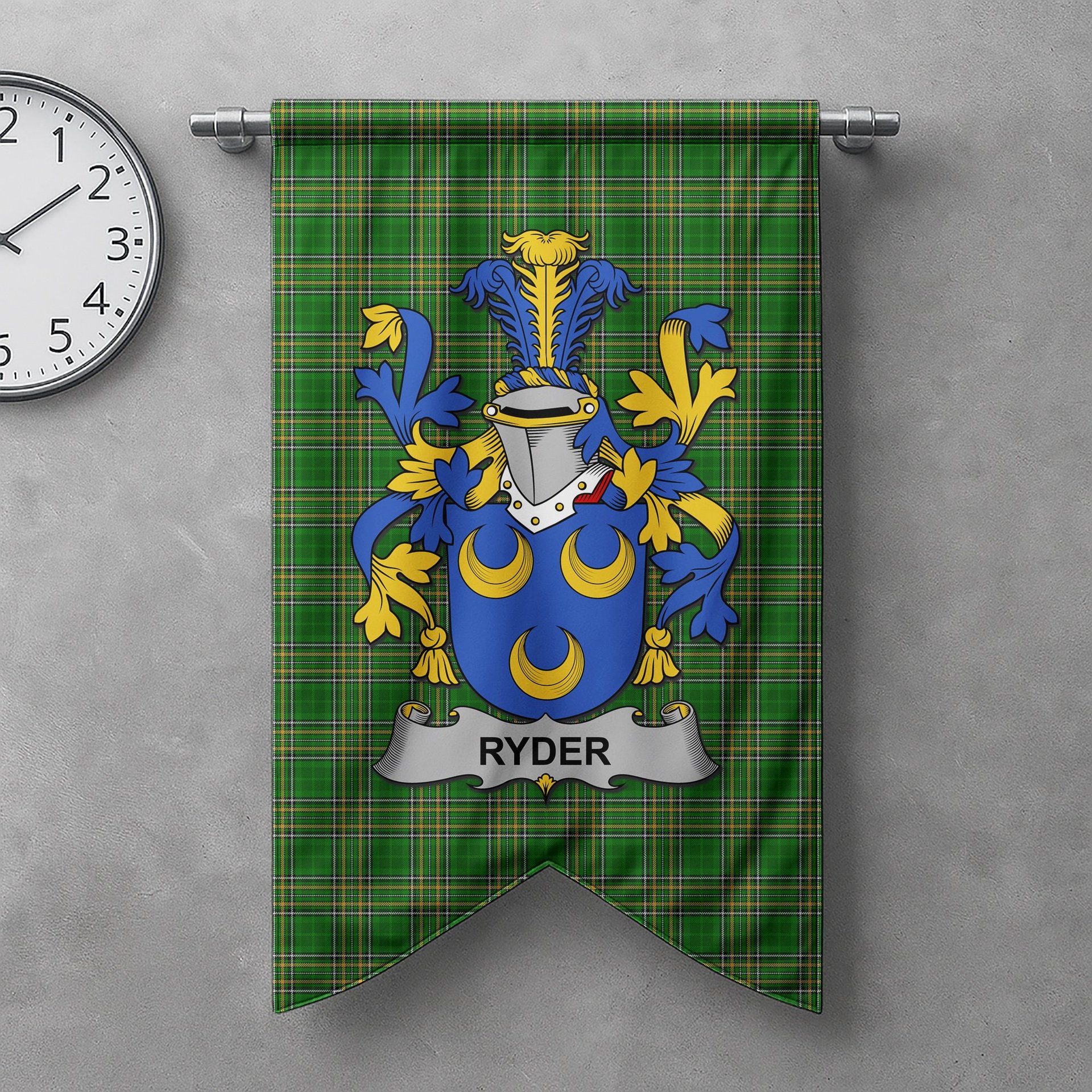ScotsTee Shop Irish Ryder Clan Coat of Arms Irish Tartan Gonfalon Flag