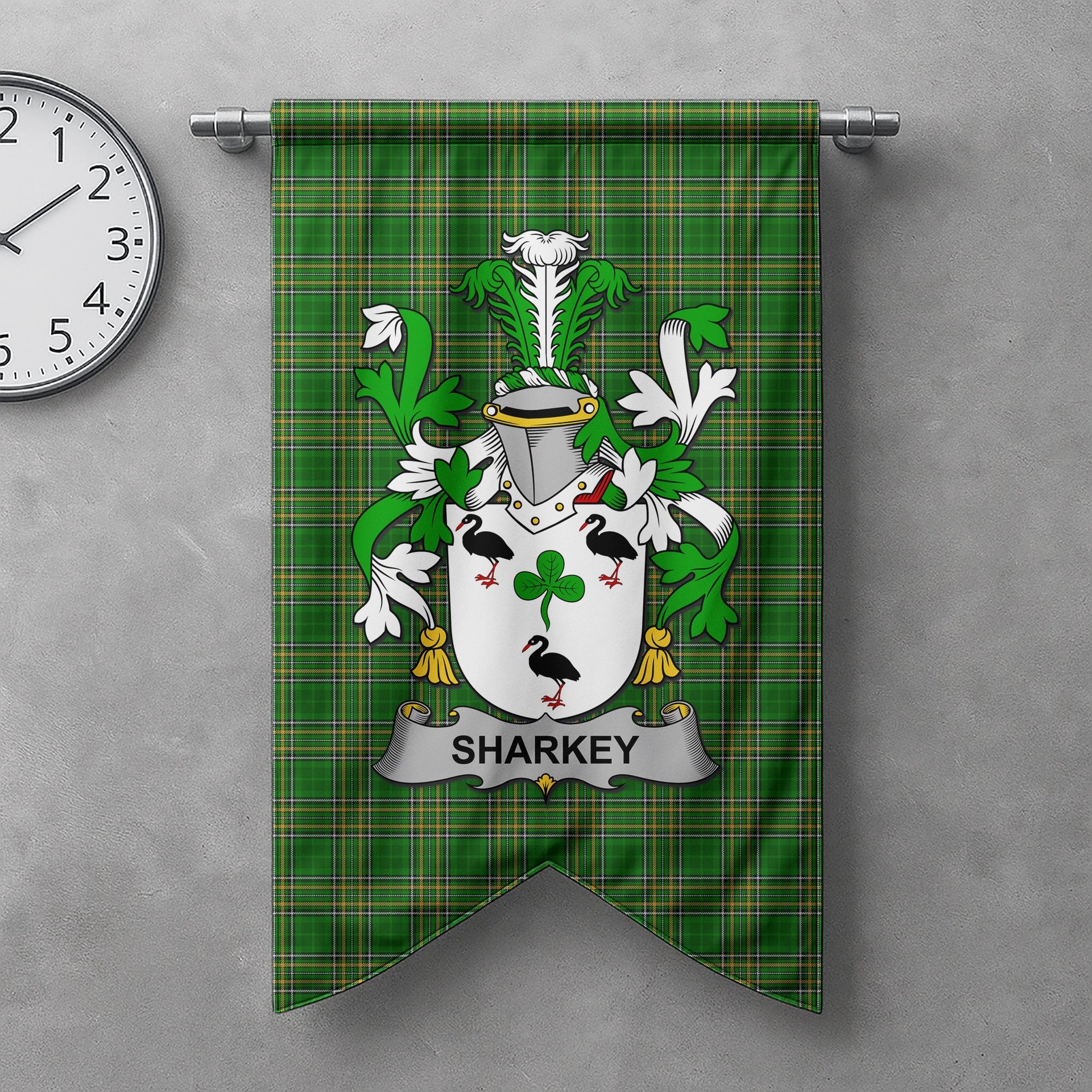 ScotsTee Shop Irish Sharkey or O'Sharkey Clan Coat of Arms Irish Tartan Gonfalon Flag