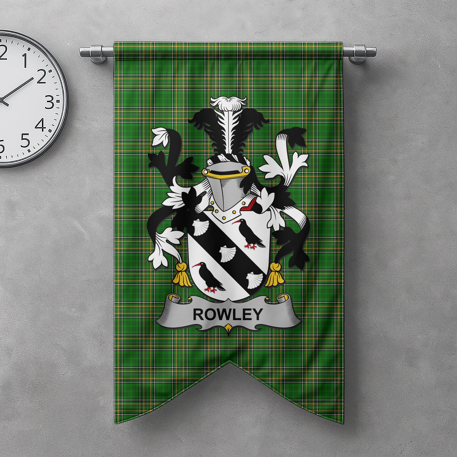 ScotsTee Shop Irish Rowley or O'Rowley Clan Coat of Arms Irish Tartan Gonfalon Flag