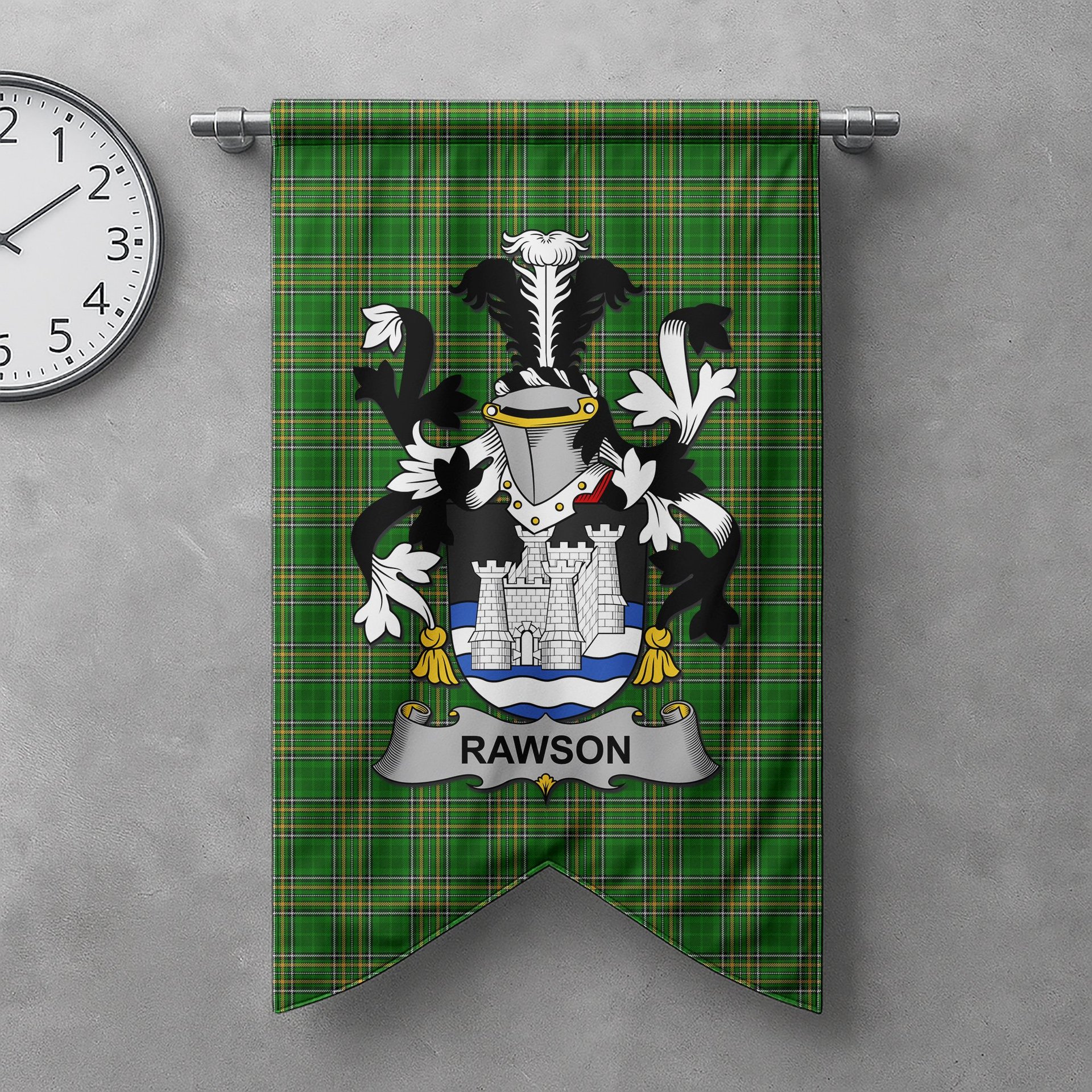 ScotsTee Shop Irish Rawson Clan Coat of Arms Irish Tartan Gonfalon Flag