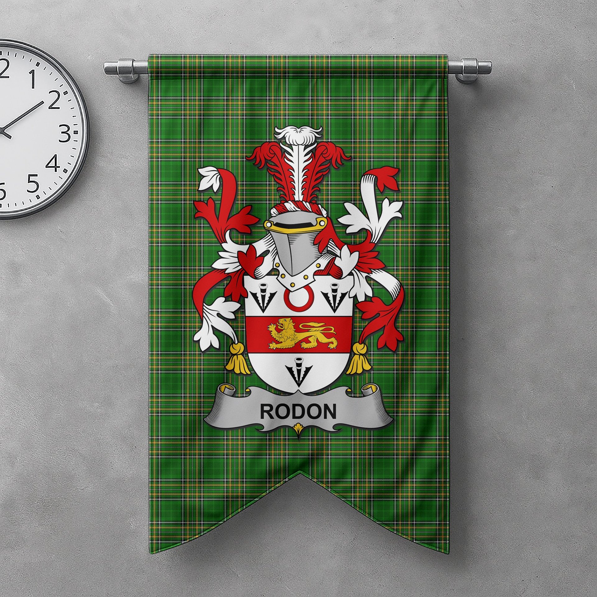 ScotsTee Shop Irish Rodon or Rodden Clan Coat of Arms Irish Tartan Gonfalon Flag