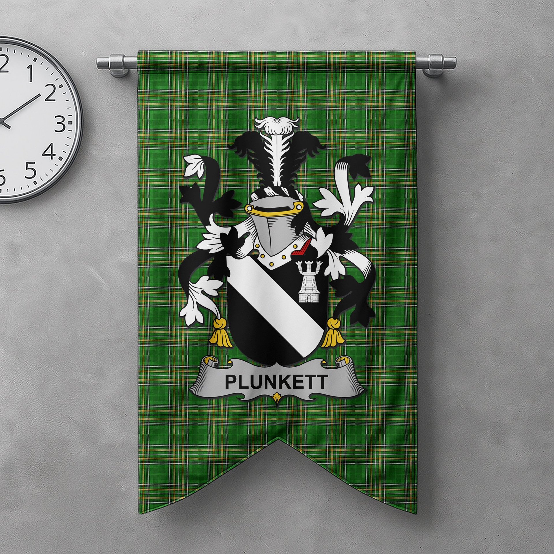 ScotsTee Shop Irish Plunkett Clan Coat of Arms Irish Tartan Gonfalon Flag