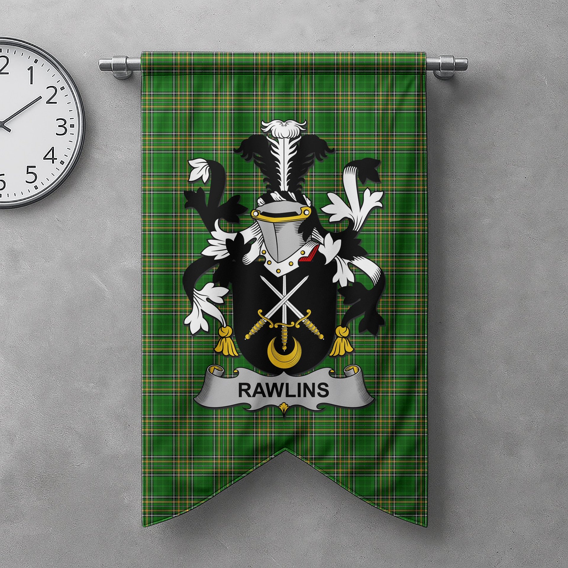 ScotsTee Shop Irish Rawlins Clan Coat of Arms Irish Tartan Gonfalon Flag