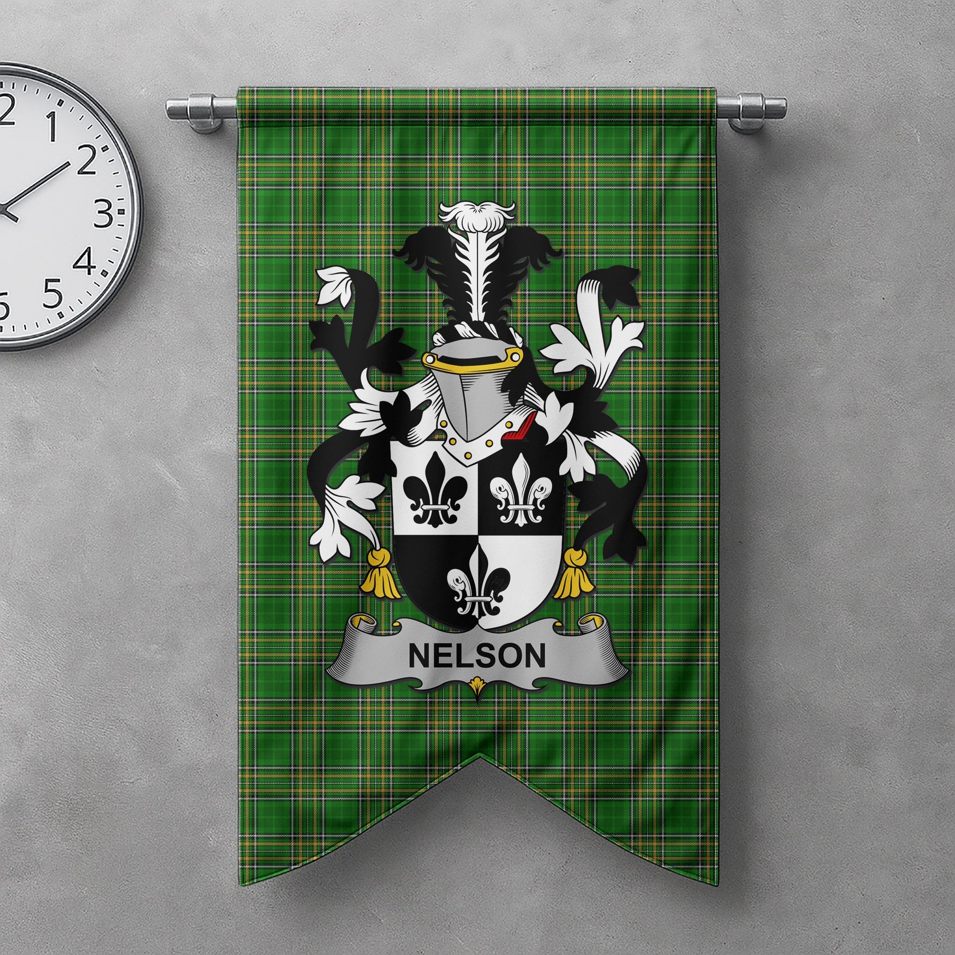 ScotsTee Shop Irish Nelson or Nealson Clan Coat of Arms Irish Tartan Gonfalon Flag