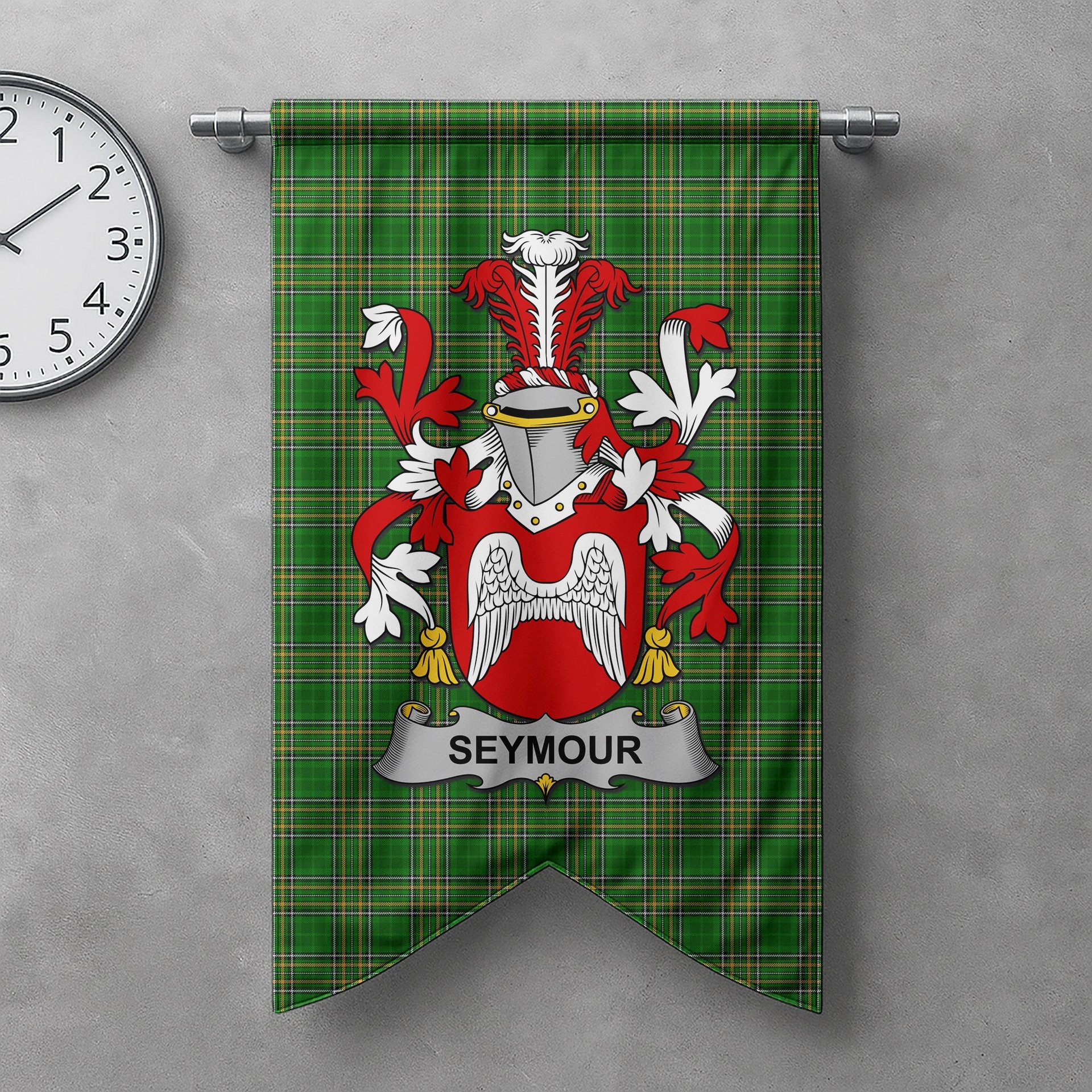 ScotsTee Shop Irish Seymour Clan Coat of Arms Irish Tartan Gonfalon Flag