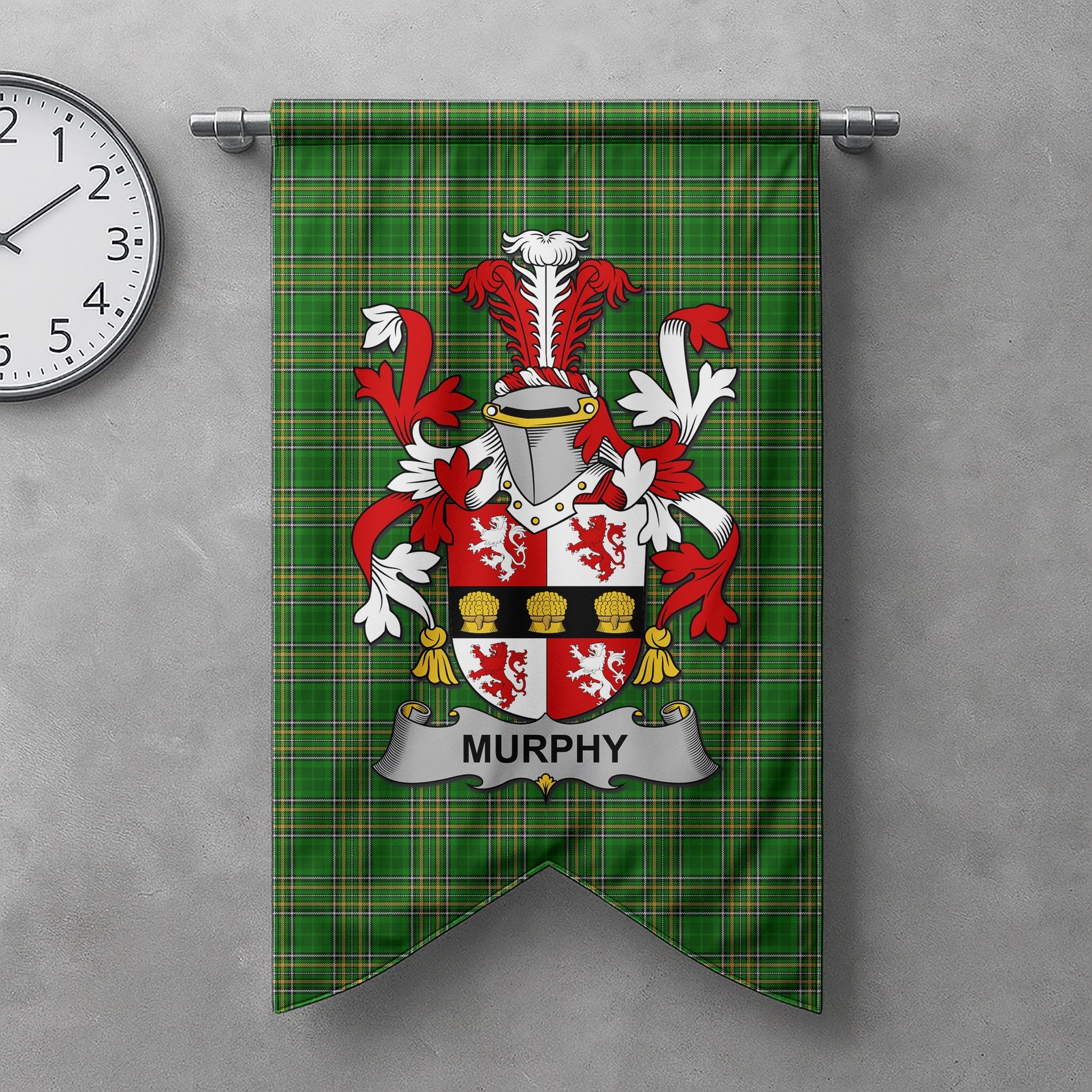 ScotsTee Shop Irish Murphy (Muskerry) Clan Coat of Arms Irish Tartan Gonfalon Flag