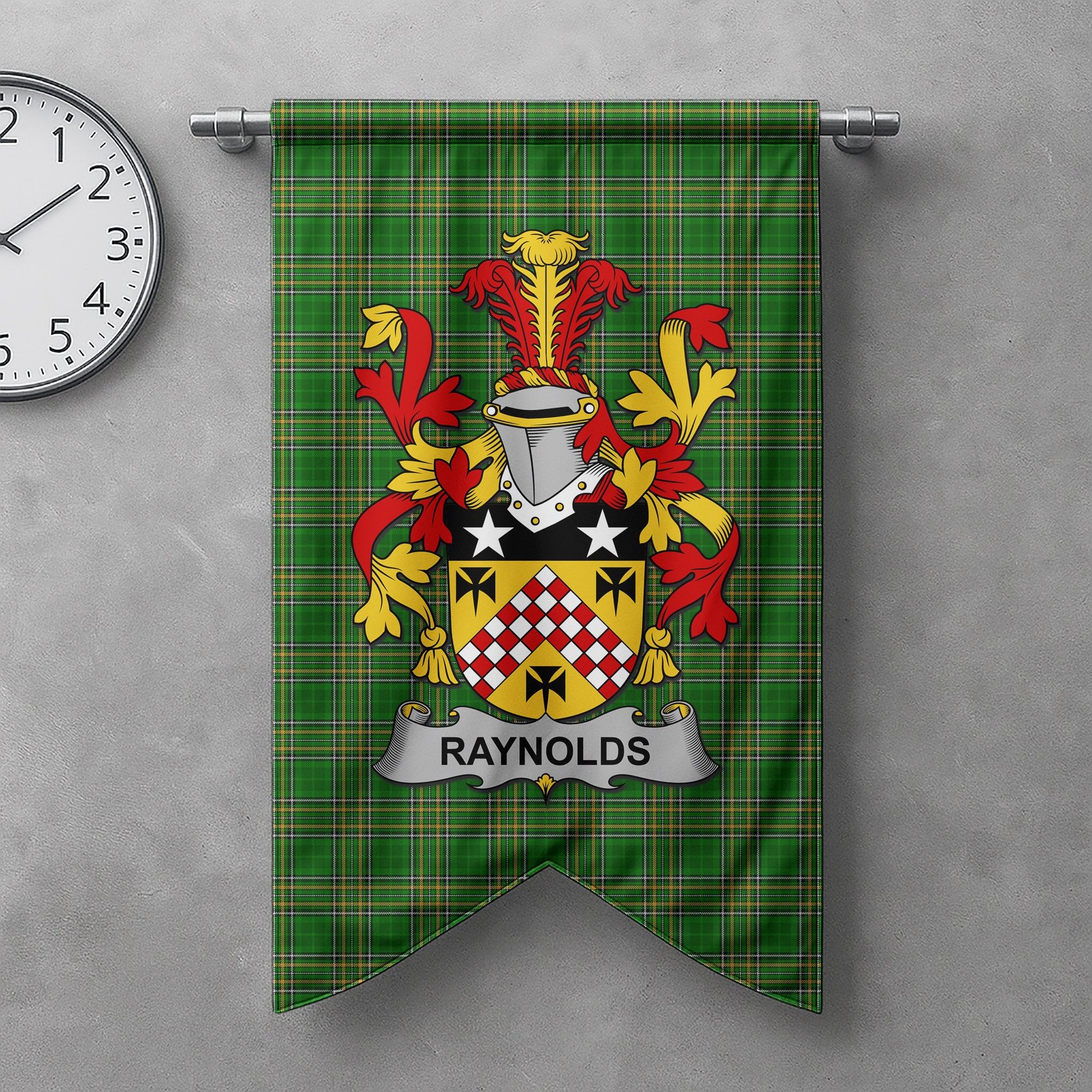 ScotsTee Shop Irish Raynolds Clan Coat of Arms Irish Tartan Gonfalon Flag
