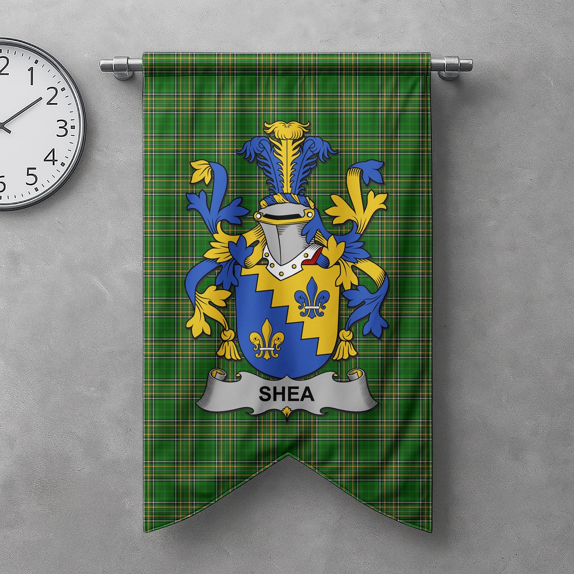ScotsTee Shop Irish Shea or O'Shee Clan Coat of Arms Irish Tartan Gonfalon Flag