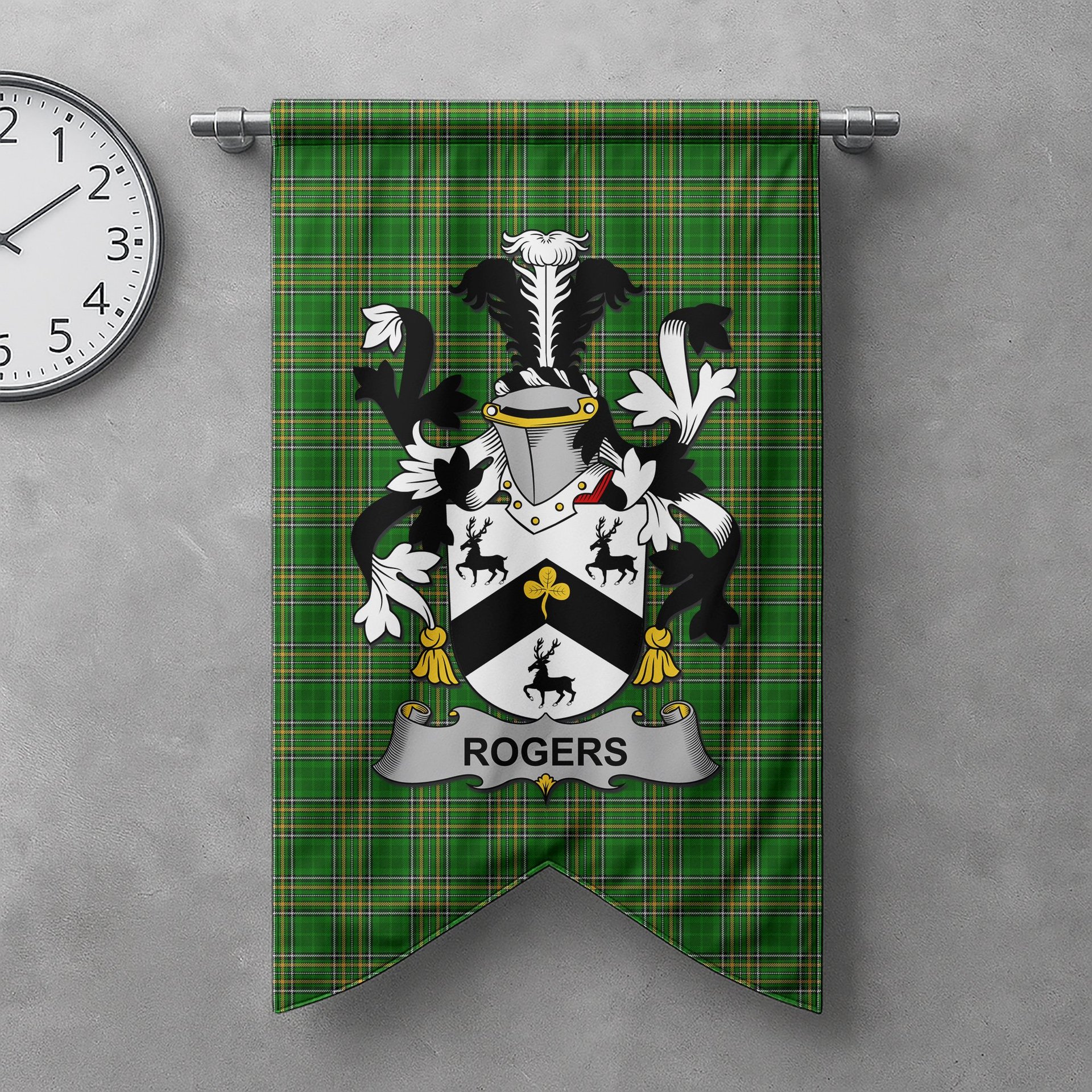 ScotsTee Shop Irish Rogers Clan Coat of Arms Irish Tartan Gonfalon Flag