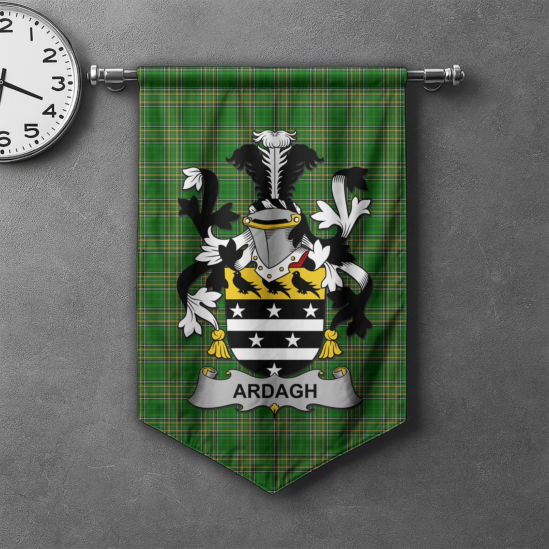 ScotsTee Shop Irish Ardagh Clan Coat of Arms Irish Tartan Gonfalon Flag